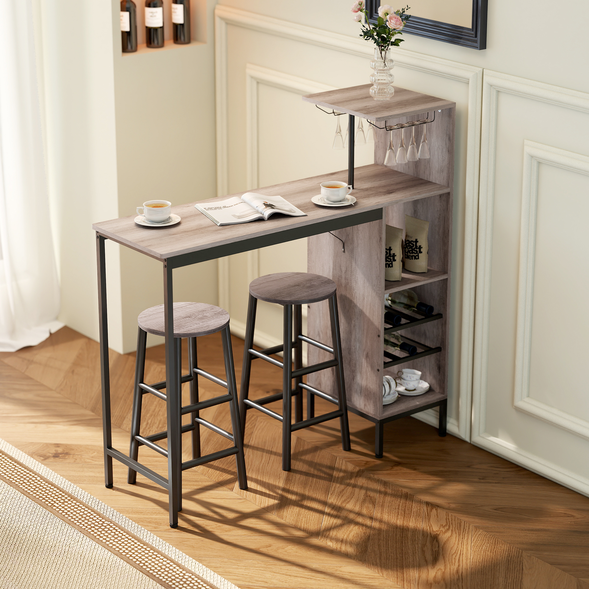 HOMCOM Bartisch mit Barhocker Set Tresentisch mit 2 Stühlen mit Fußstütze, günstig online kaufen