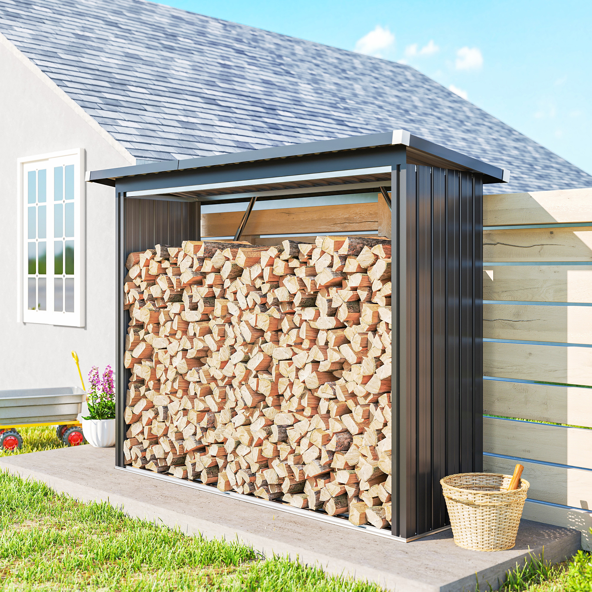 Outsunny Kaminholzregal Außen Stahl 213 x 66,5 x 150 cm erhöhtes Brennholzr günstig online kaufen