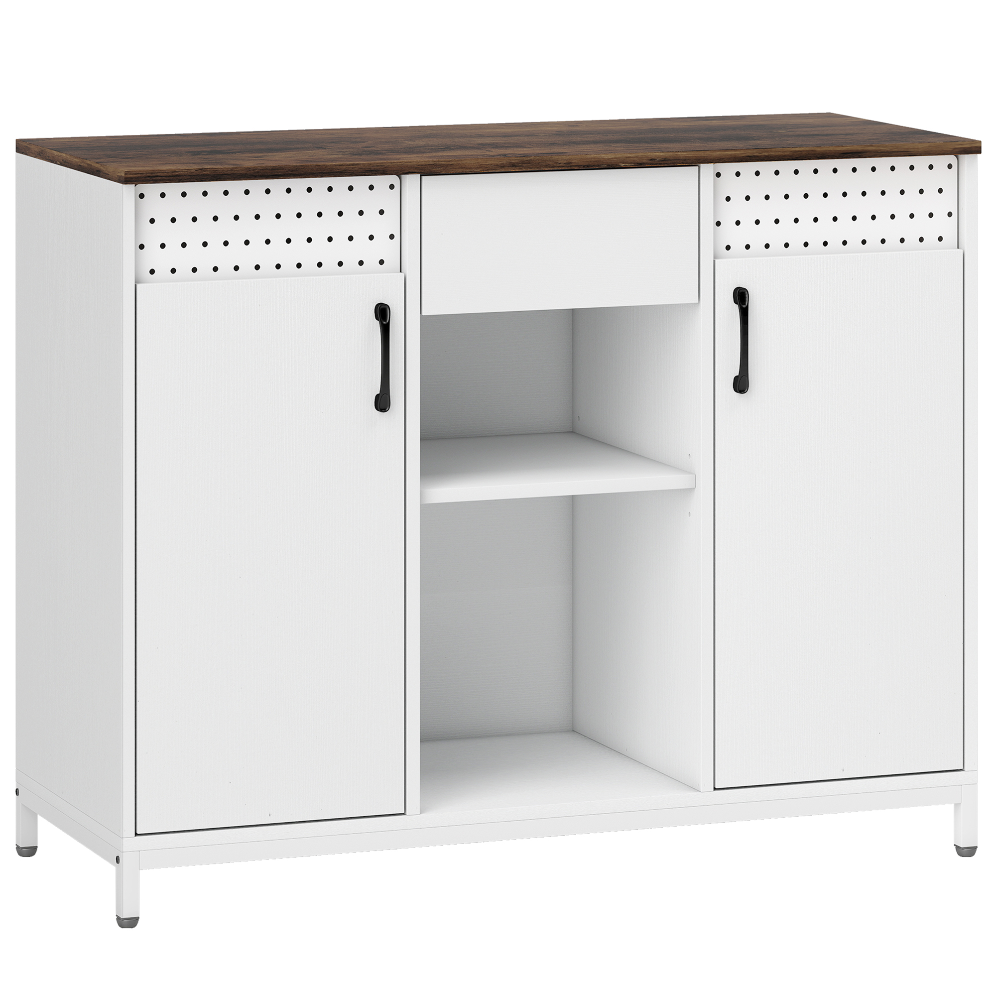 HOMCOM Sideboard mit 2 perforierten Türen, Schublade, offenen Fächern und verstellbaren Regalen, für Küche, Flur und Büro, Weiß, 100x40x80 cm Aosom