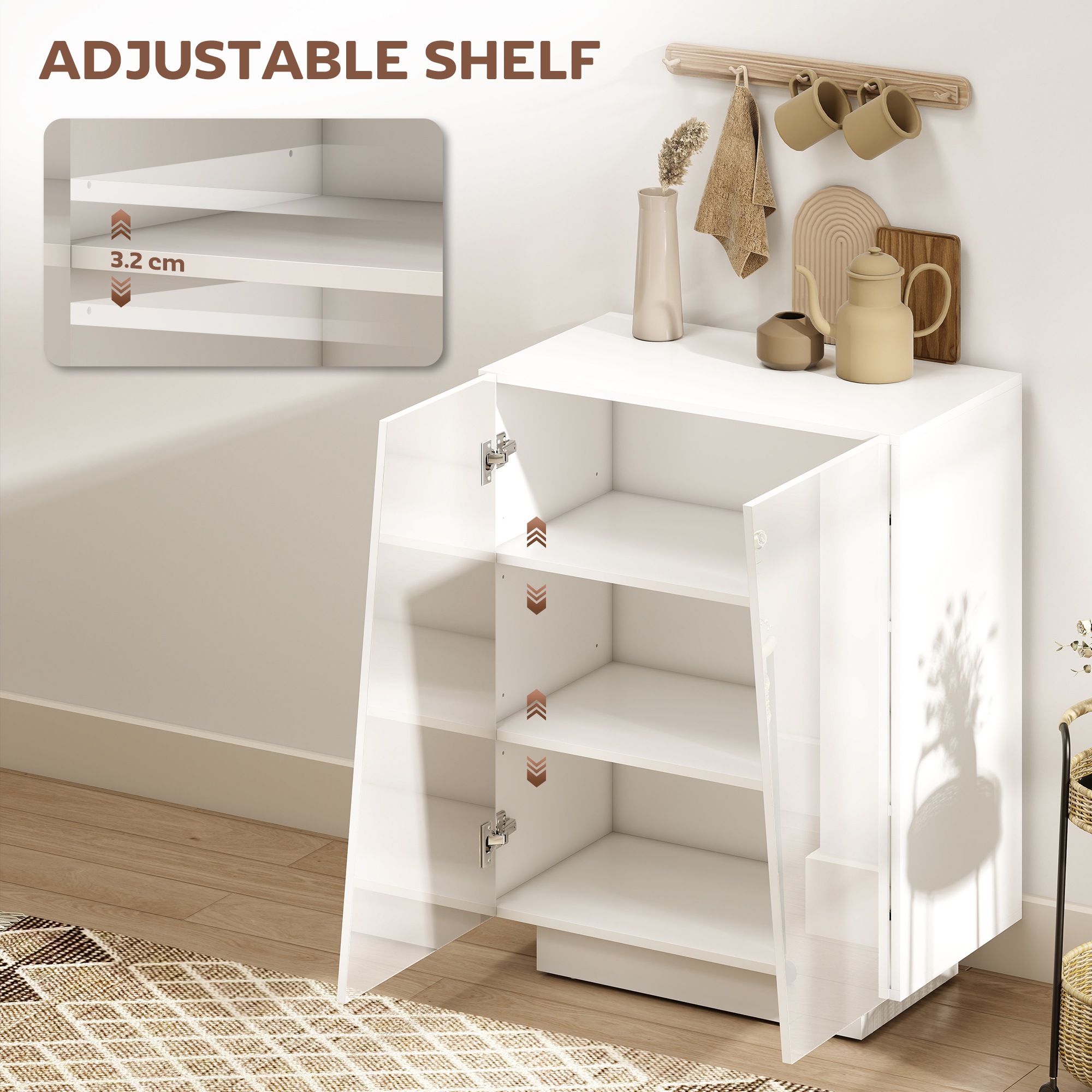 HOMCOM High Gloss Storage Cabinet, Freestanding Storage Cupboard with Adjustable Shelves for Living Room, Bedroom, Hallway, White 5