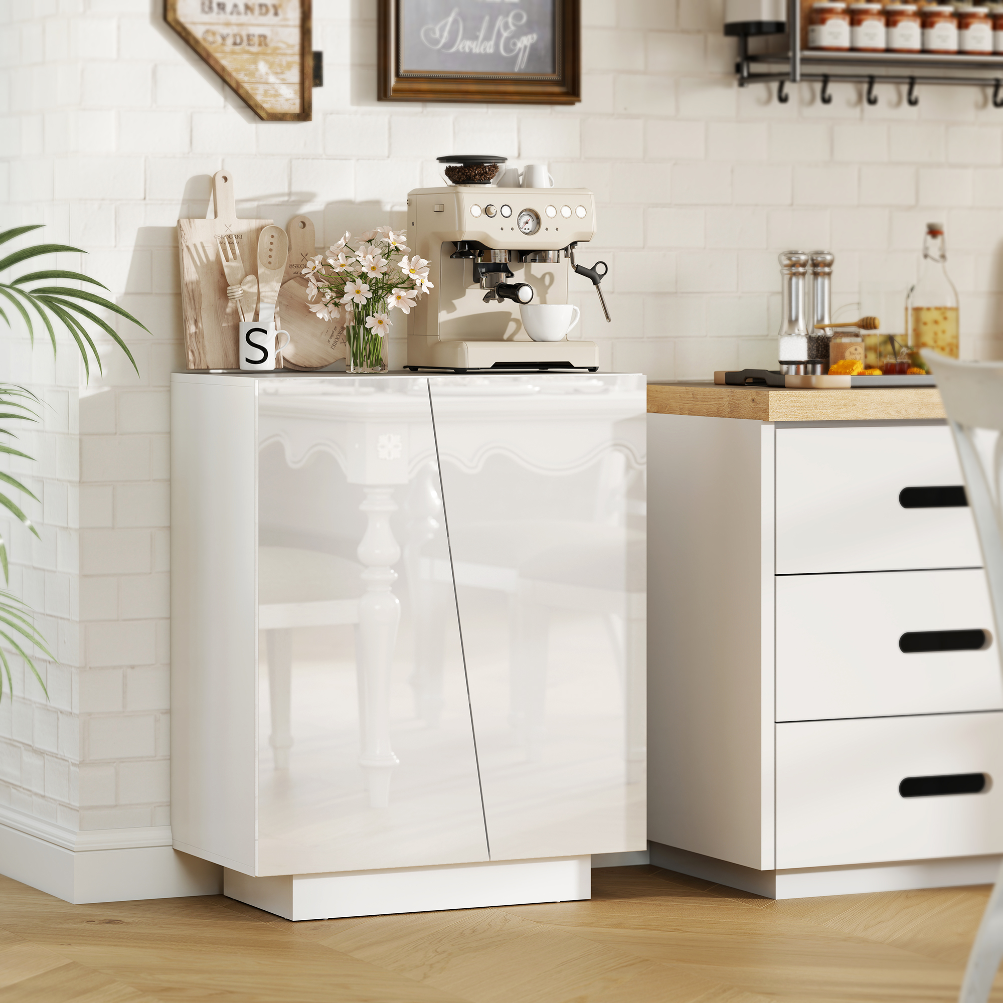 HOMCOM High Gloss Storage Cabinet, Freestanding Storage Cupboard with Adjustable Shelves for Living Room, Bedroom, Hallway, White 2