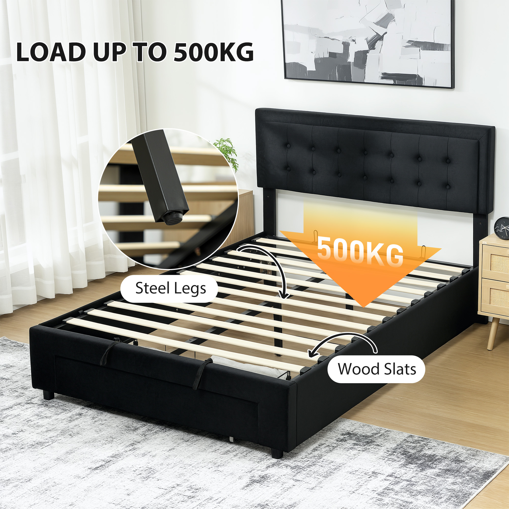 HOMCOM Double Ottoman Bed Frame, with Front Drawer Black 6