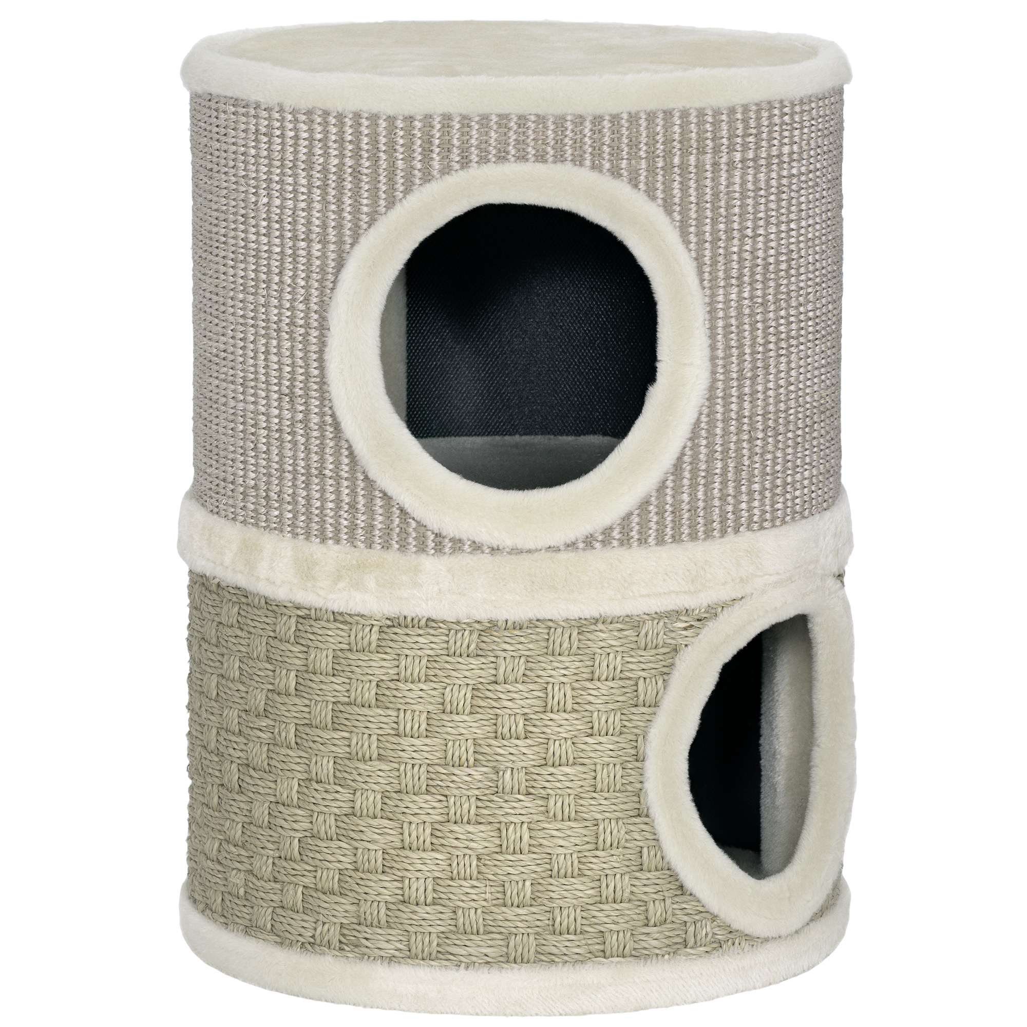 PawHut Krabton 49cm Hoog Tweelaags Pluche Rand Krabmat Twee Holen Sisal Zeegras Geschikt Katten Khaki | Aosom.nl