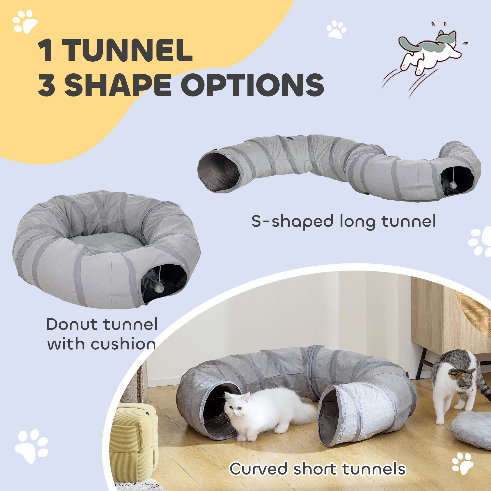 PawHut 2 in 1 Cat Tunnel with Bed, Cat Play Tunnel with Ball & Peek Hole for Indoor Cats, Grey 5