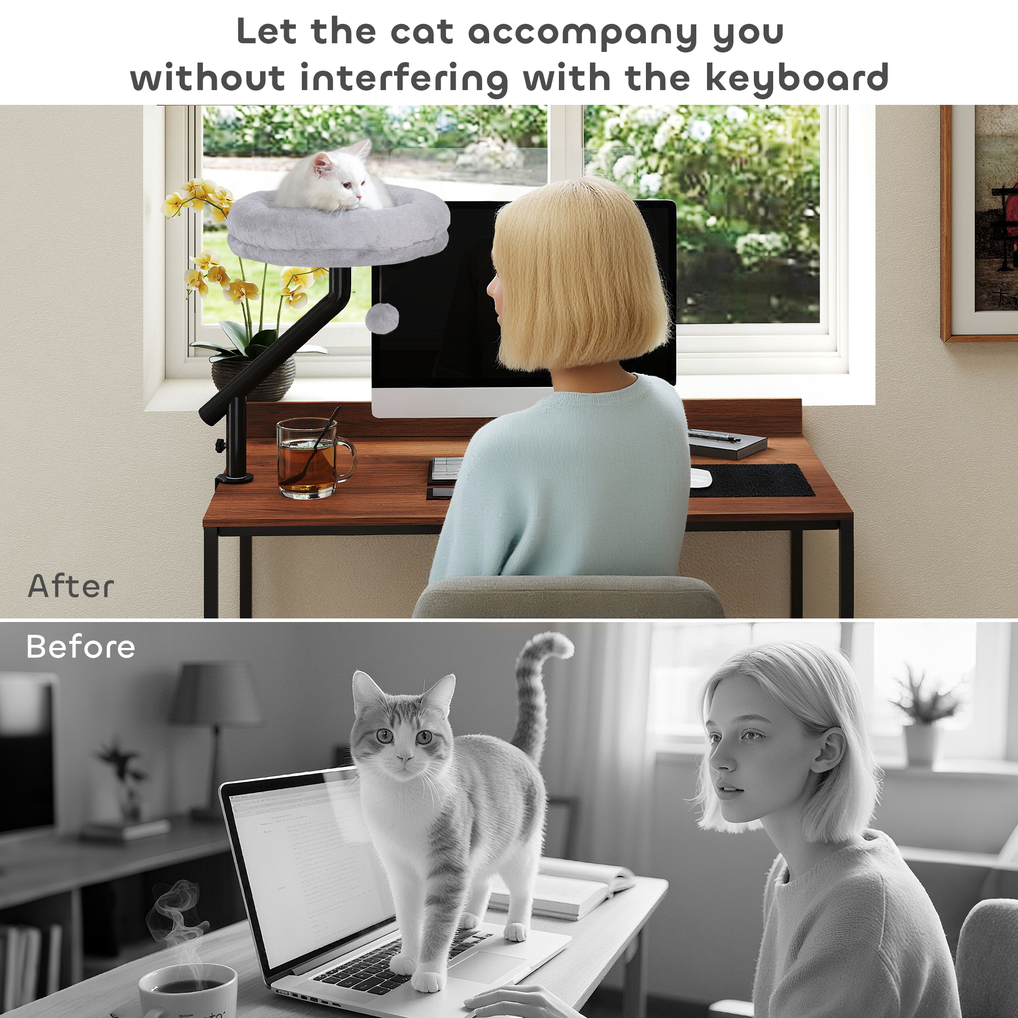 PawHut Cat Desk Bed, Cat Hammock 360° Rotatable Adjustable for Window, Table, Work, Grey 4