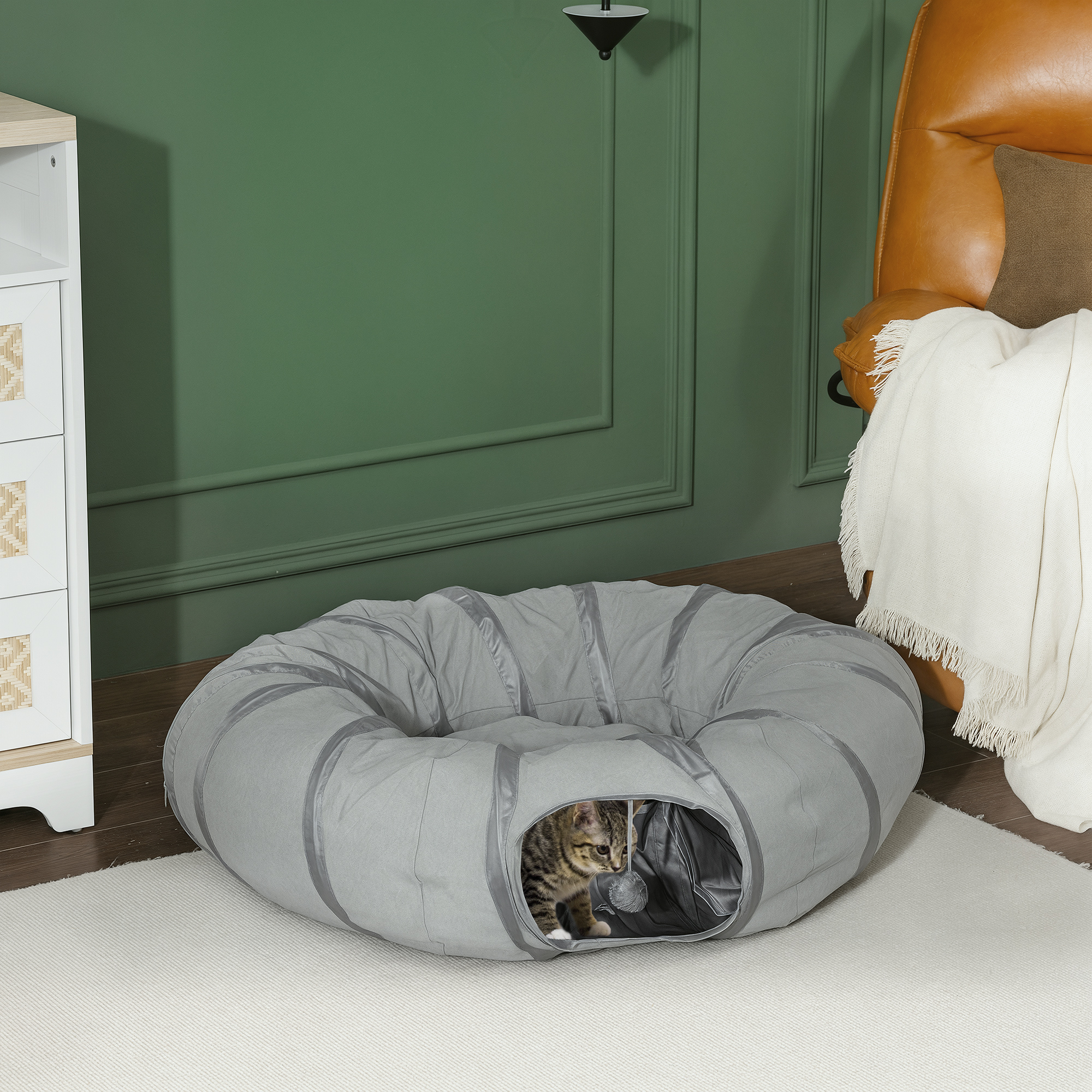 PawHut 2 in 1 Cat Tunnel with Bed, Cat Play Tunnel with Ball & Peek Hole for Indoor Cats, Grey 2