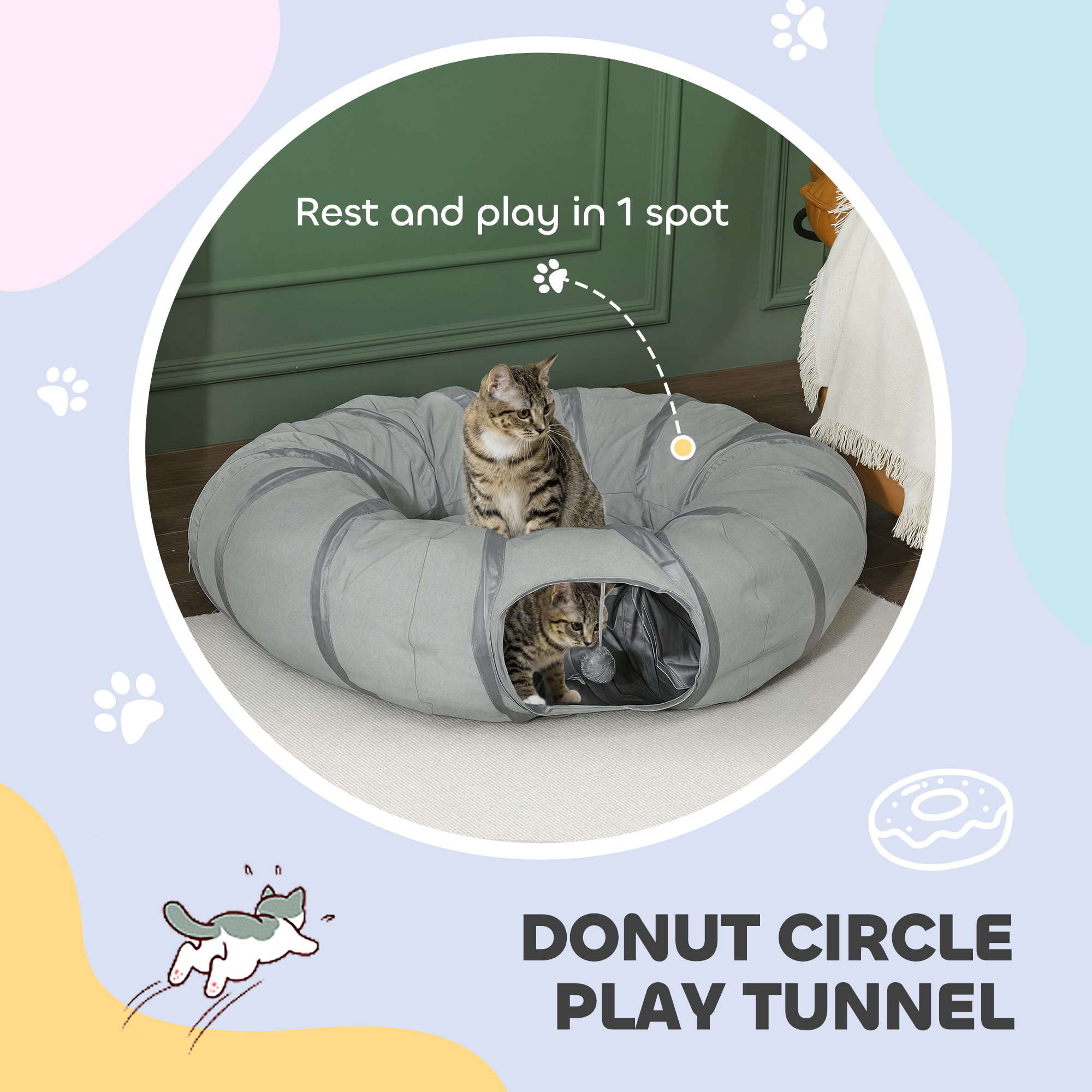 PawHut 2 in 1 Cat Tunnel with Bed, Cat Play Tunnel with Ball & Peek Hole for Indoor Cats, Grey 4