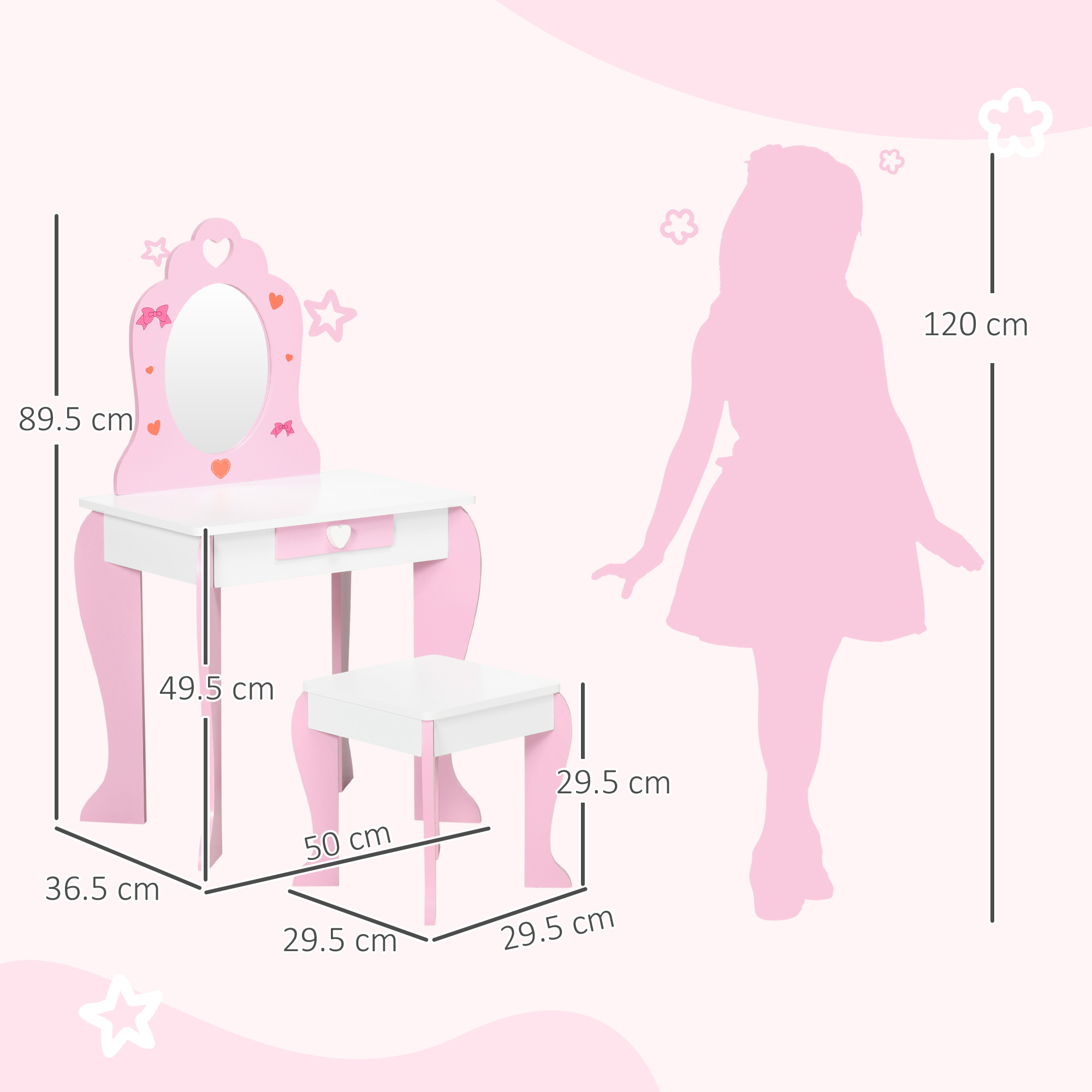 ZONEKIZ Kids Dressing table Set w/ Mirror, Stool, Drawer, Cute Patterns, for Ages 3-6 Years Pink 3