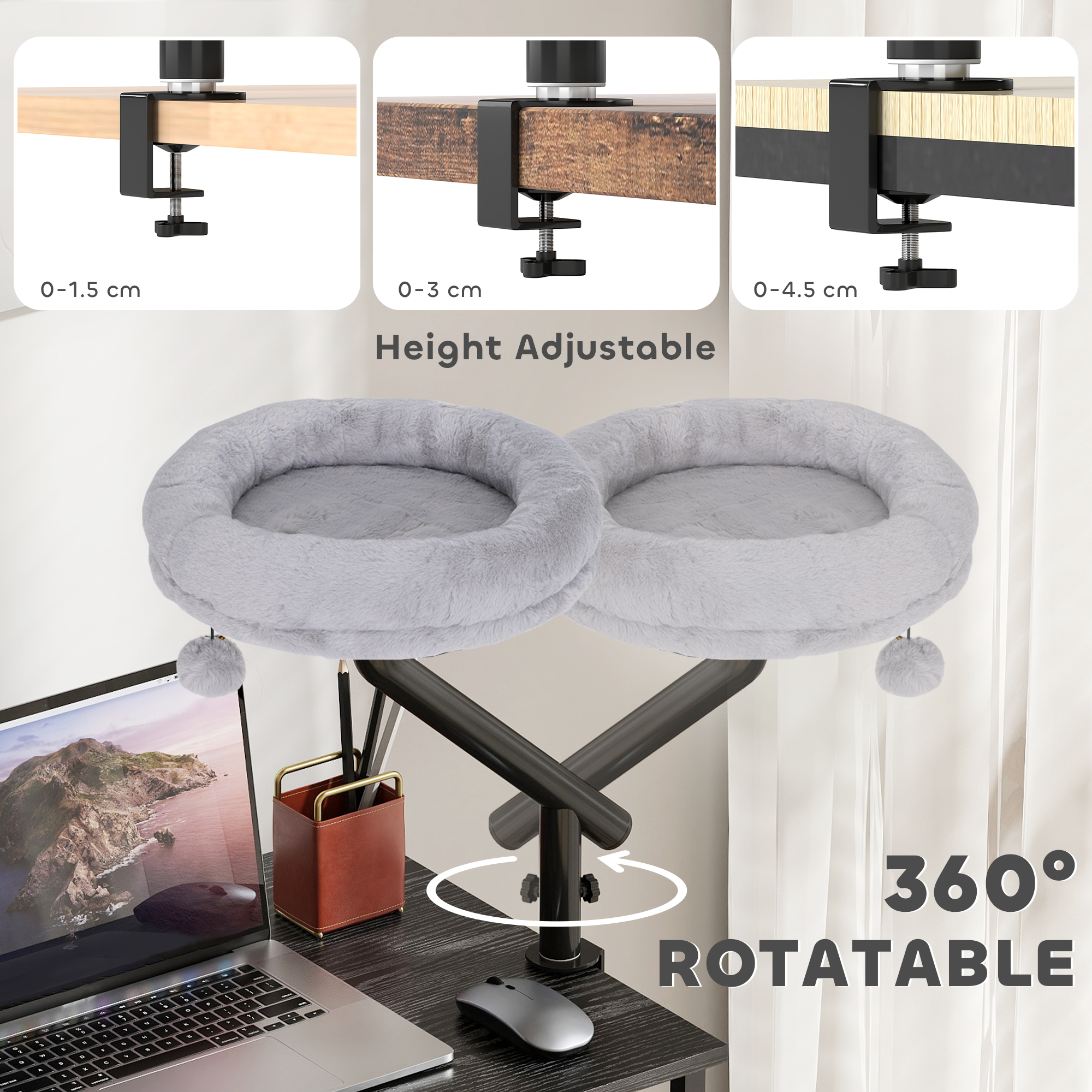PawHut Cat Desk Bed, Cat Hammock 360° Rotatable Adjustable for Window, Table, Work, Grey 5