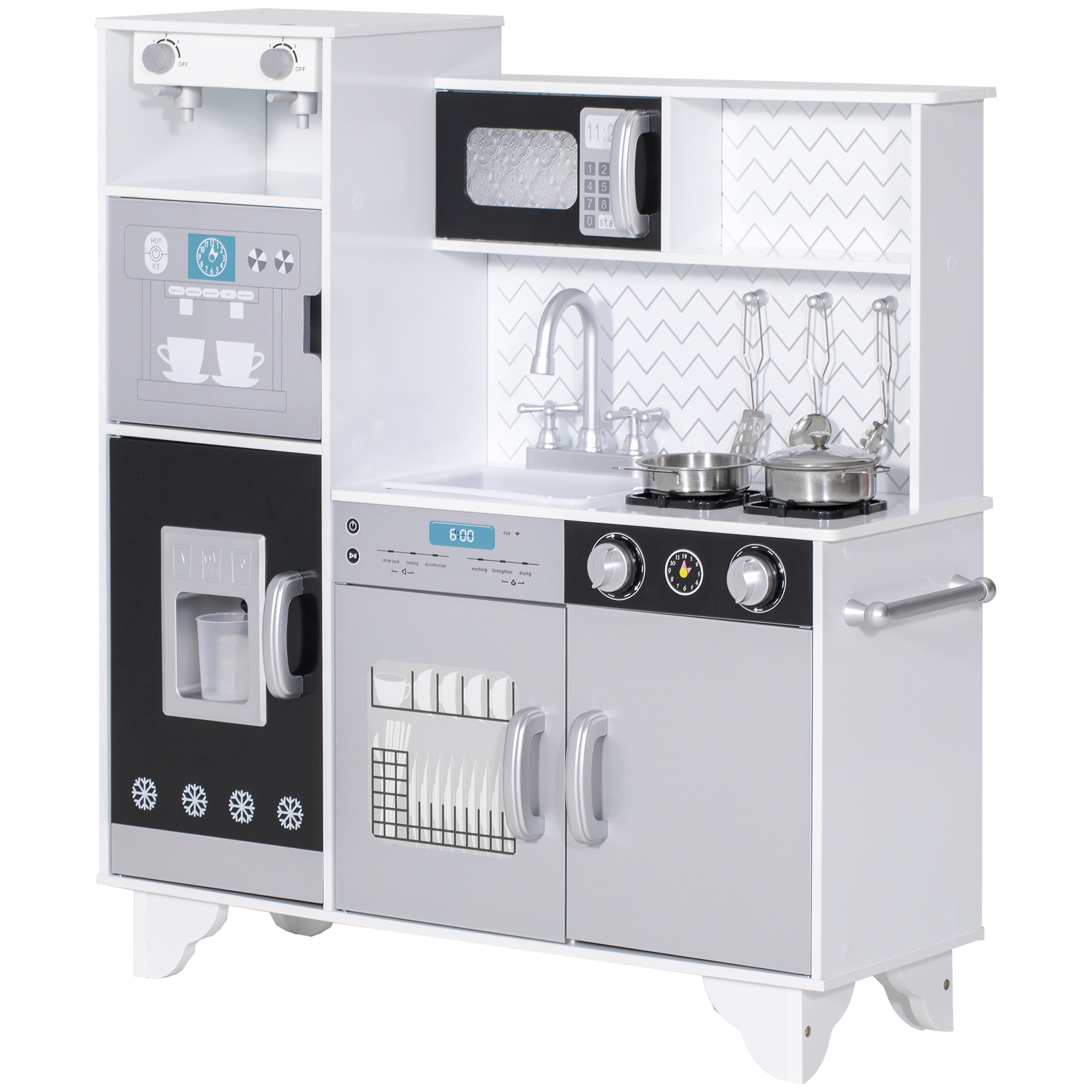 AIYAPLAY Holz-Spielküche mit Geräuschen, Kinderküche mit Edelstahlzubehör, Mikrowelle, Eismaschine, Kaffeemaschine, Geschirrspüler, ab 3 Jahren, Weiß Aosom