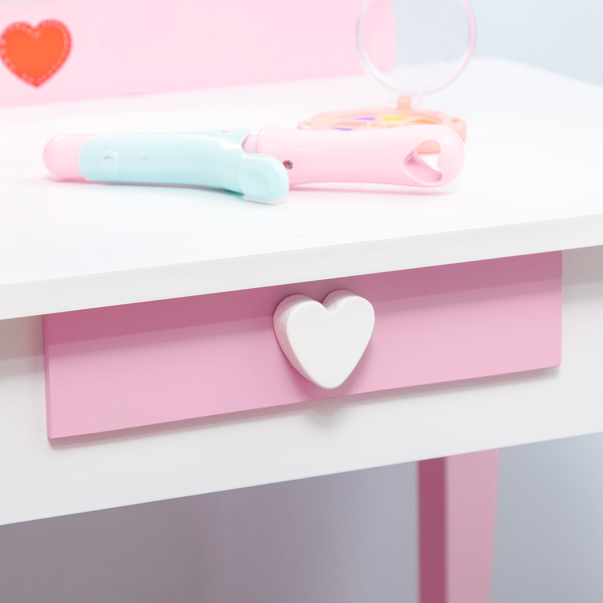 ZONEKIZ Kids Dressing table Set w/ Mirror, Stool, Drawer, Cute Patterns, for Ages 3-6 Years Pink 9