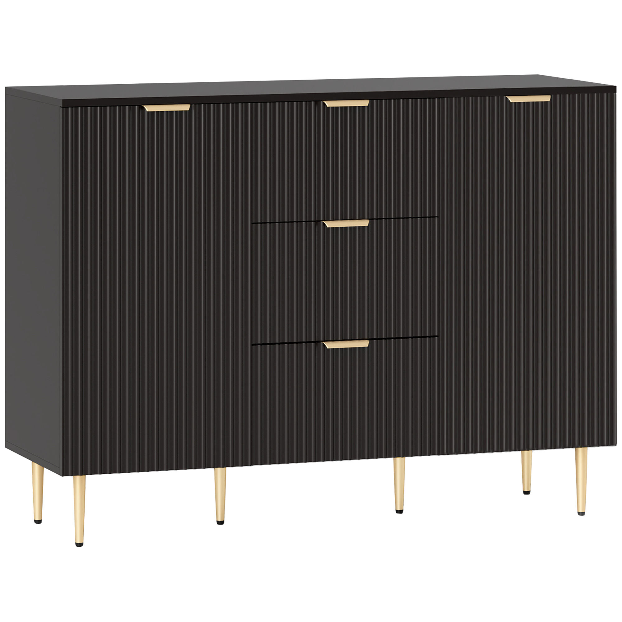 HOMCOM Sideboard mit 3 Schubladen, verstellbaren Einlegeböden, Schränken mit geriffelten Türen und Metallfüßen, Sideboard für Esszimmer & Wohnzimmer, 120 x 40 x 90 cm, schwarz Aosom