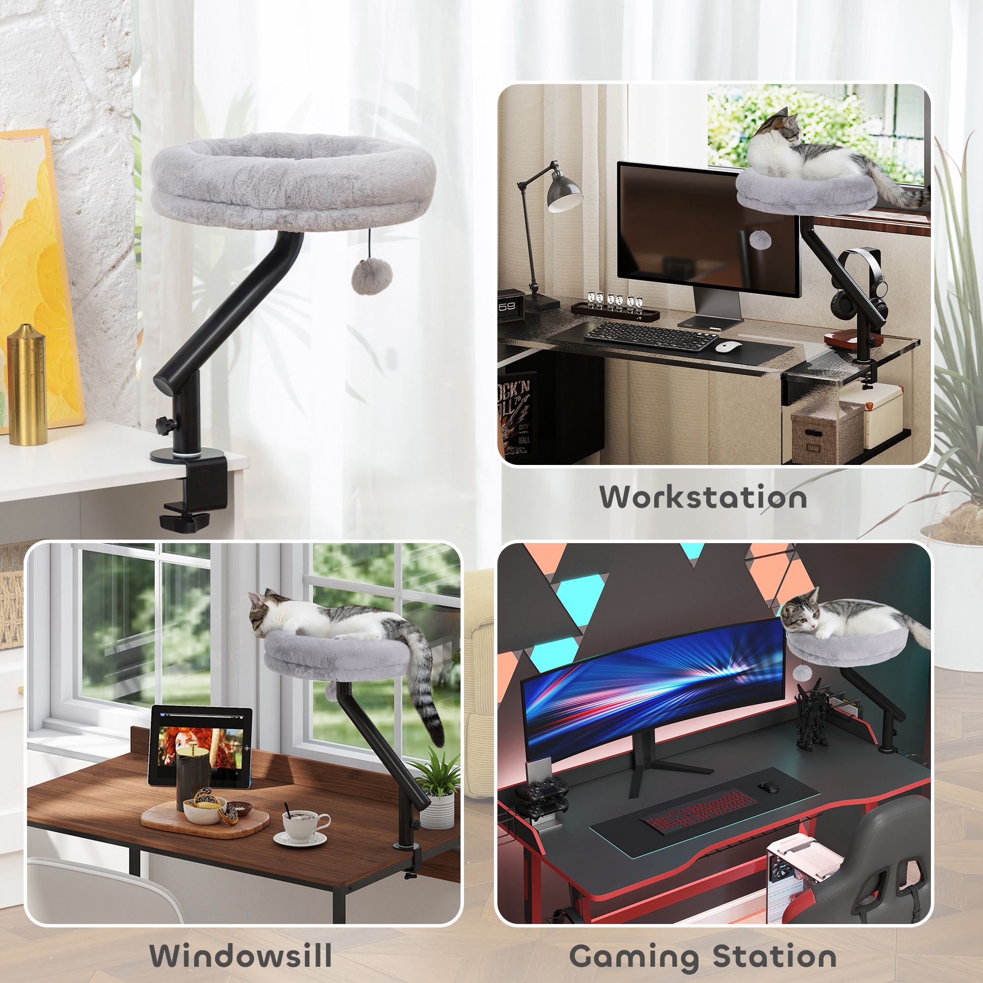 PawHut Cat Desk Bed, Cat Hammock 360° Rotatable Adjustable for Window, Table, Work, Grey 6