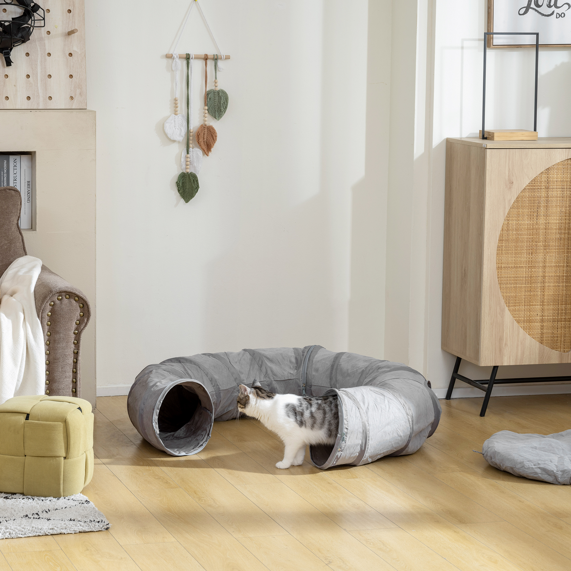 PawHut 2 in 1 Cat Tunnel with Bed, Cat Play Tunnel with Ball & Peek Hole for Indoor Cats, Grey 8