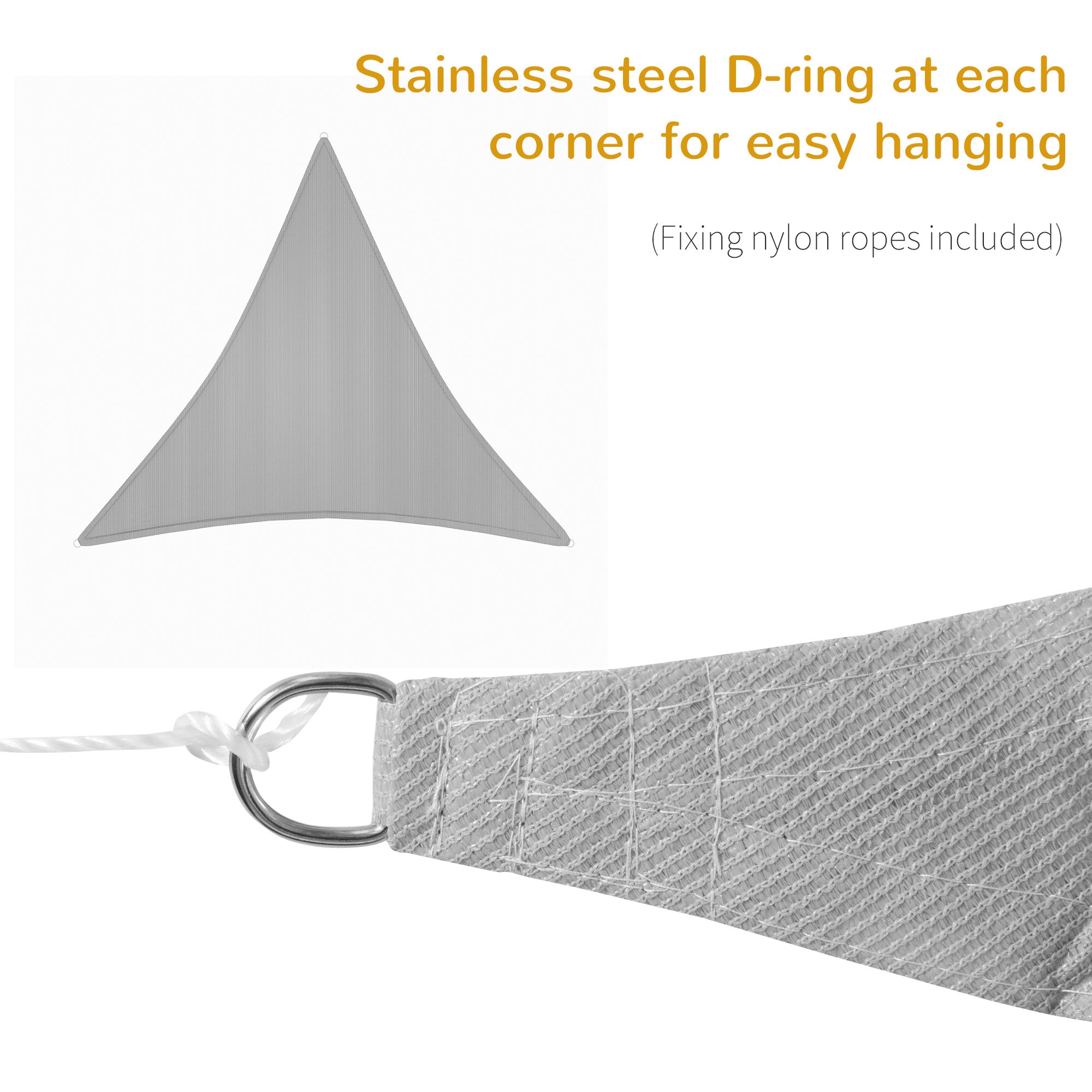 Outsunny 4x4x4m Triangle Sun Shade Sail, Outdoor UV Protection HDPE Canopy, Patio Deck Shelter with Steel Rings and Ropes, Grey 4