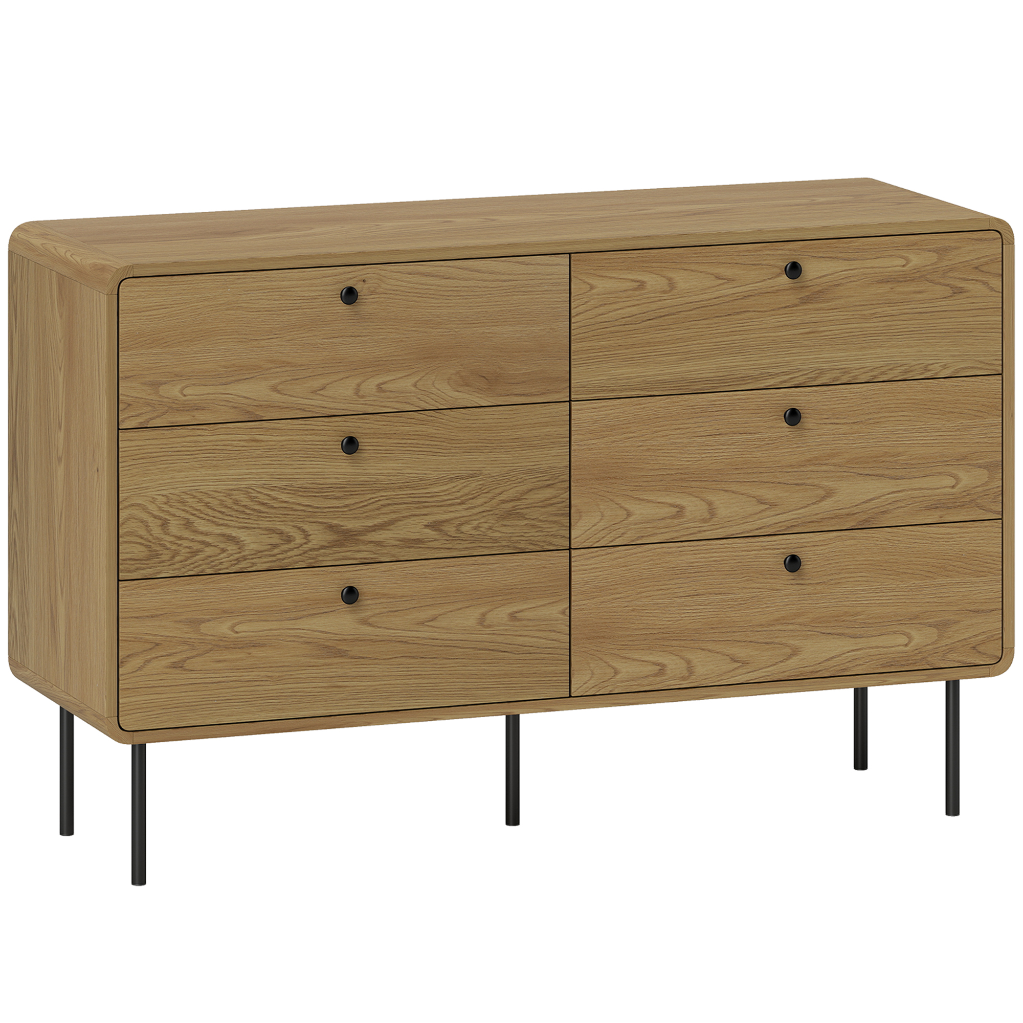 HOMCOM Cómoda 6 cajones mueble de almacenamiento estilo moderno esquinas redondeadas y patas de acero 120 x 40 x 75 cm efecto madera de roble