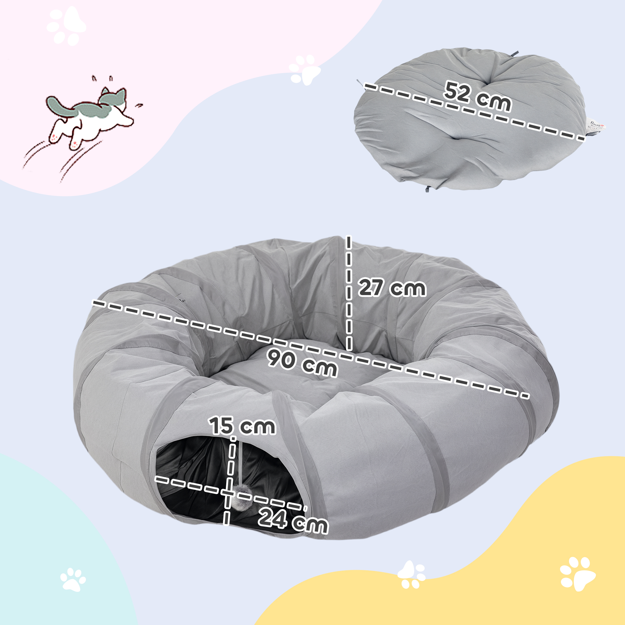 PawHut 2 in 1 Cat Tunnel with Bed, Cat Play Tunnel with Ball & Peek Hole for Indoor Cats, Grey 3