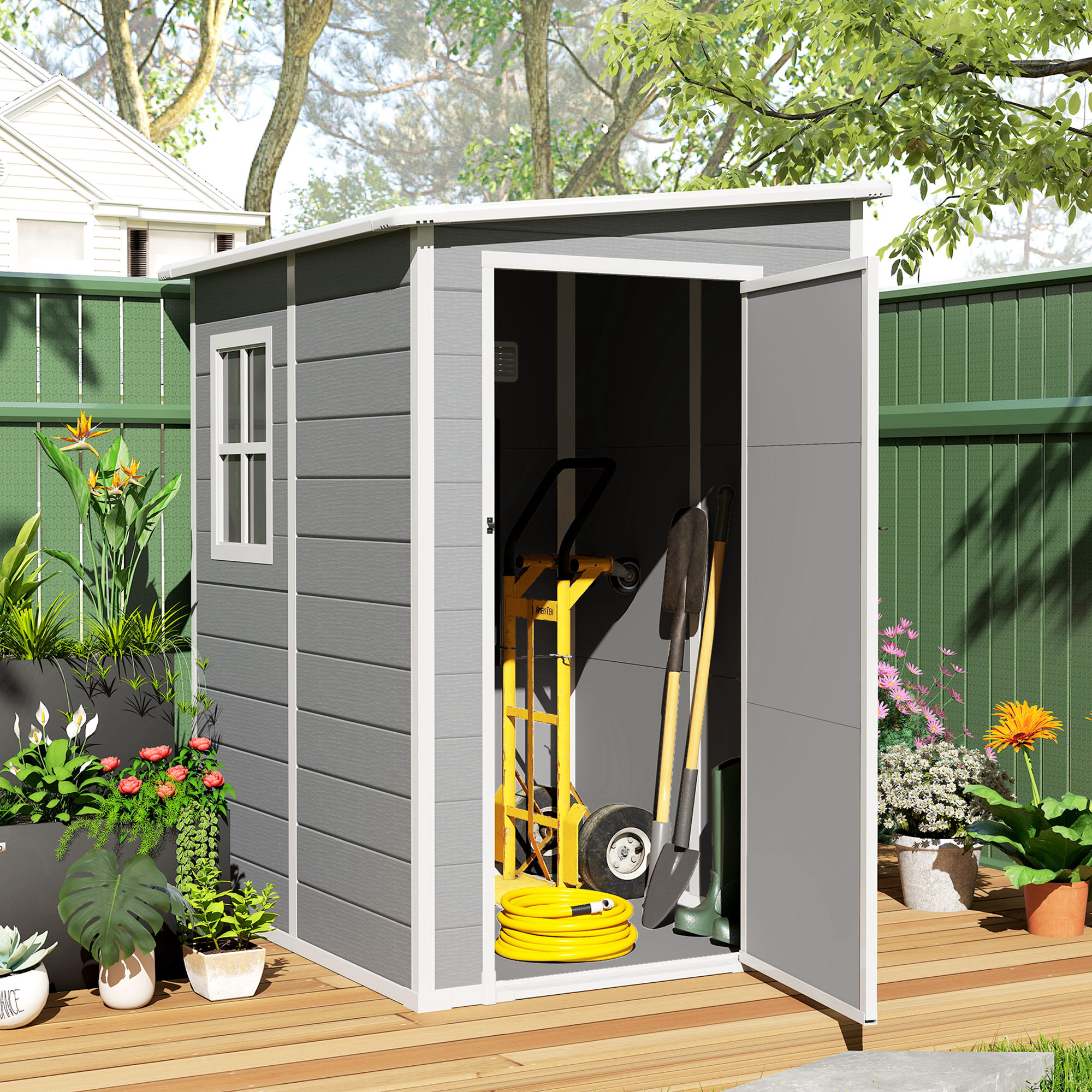Outsunny 4'x5' Garden Storage Shed, Lean to Shed, Lockable Garden Shed with Window, Vent and Plastic Roof, Grey 3
