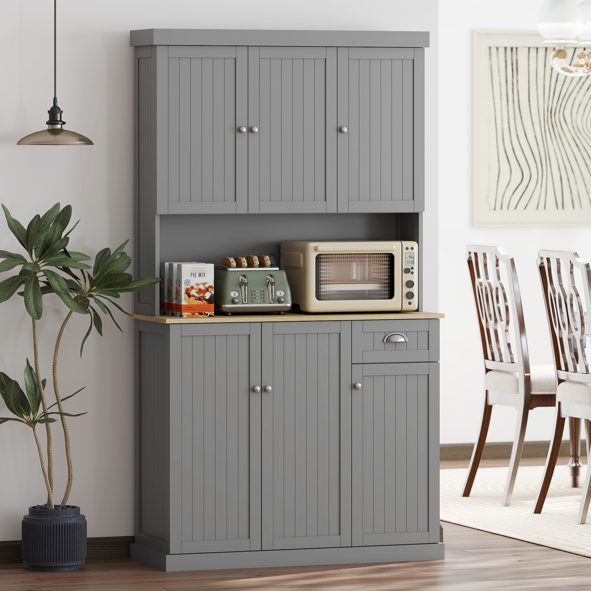 HOMCOM 180cm Freestanding Kitchen Cabinet, Modern Storage Cupboard with Open Countertop, Drawer and 6 Doors, Grey 2
