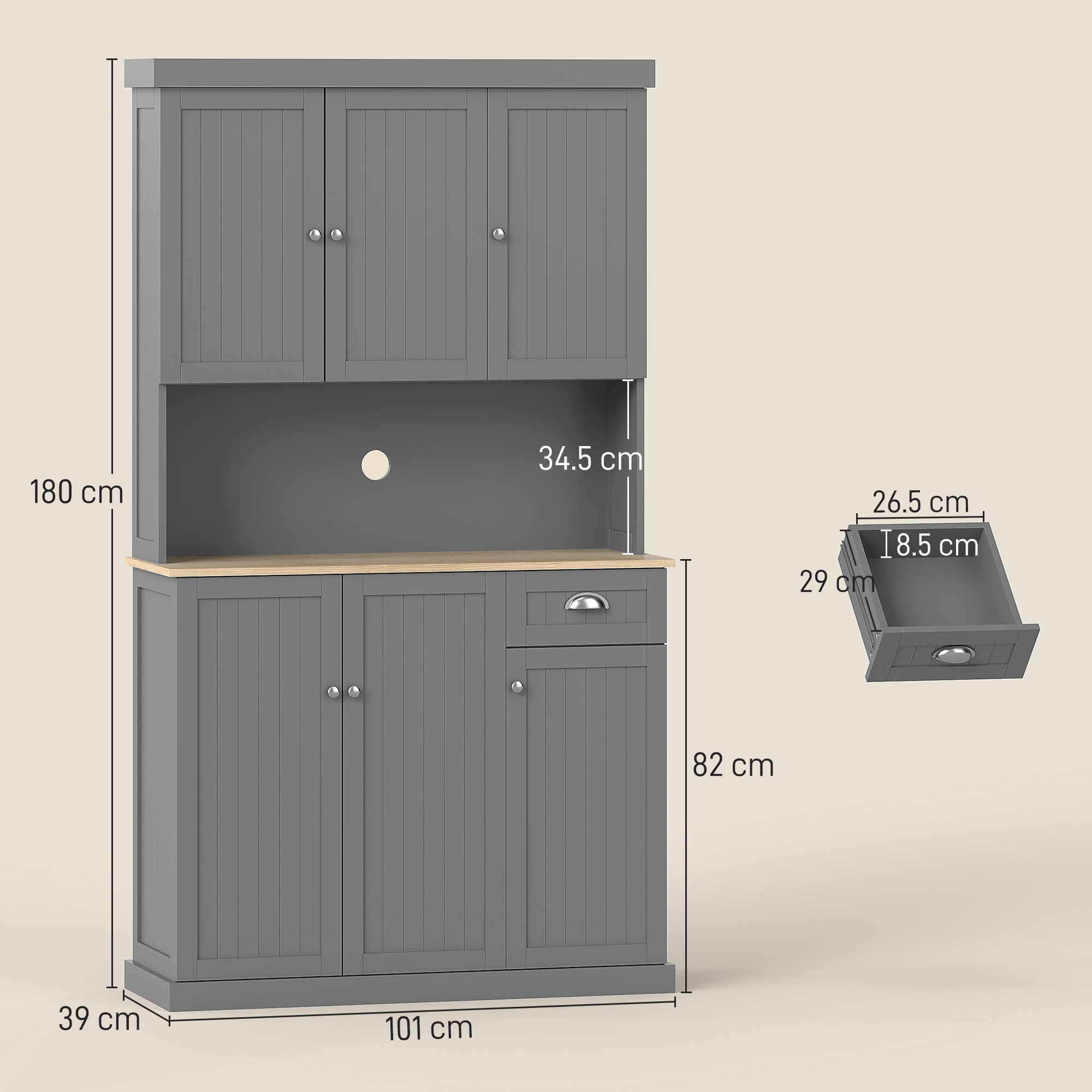 HOMCOM 180cm Freestanding Kitchen Cabinet, Modern Storage Cupboard with Open Countertop, Drawer and 6 Doors, Grey 3