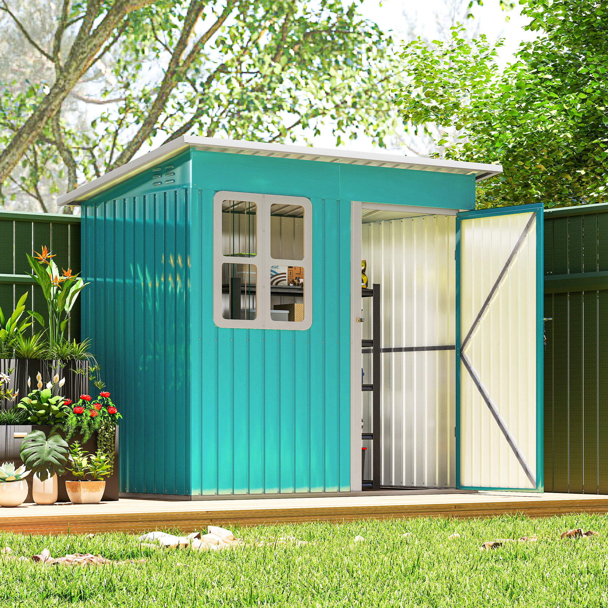 Outsunny 7 x 4ft Galvanised Steel Garden Shed, with Lock and Gloves Green 2