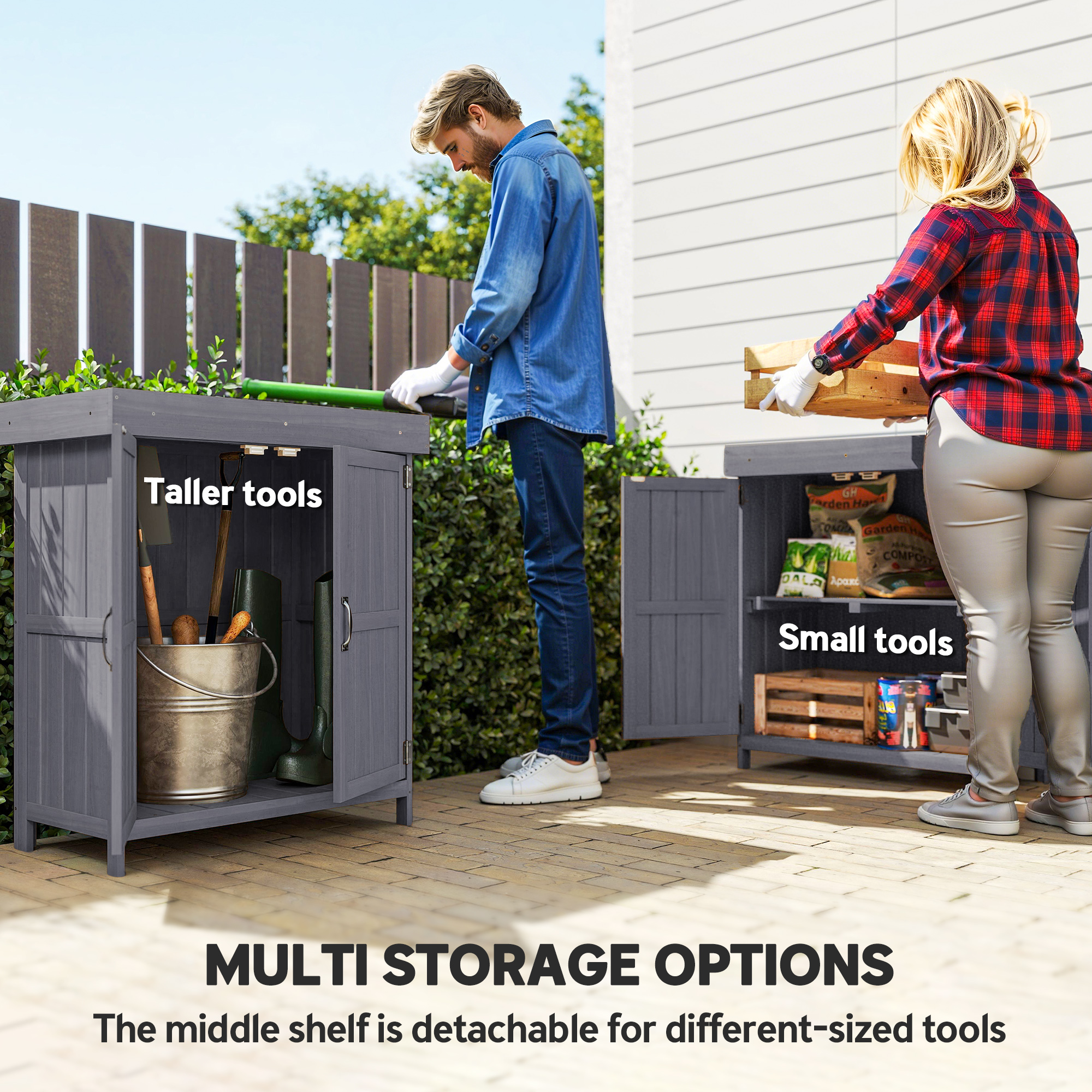Outsunny Small Shed, Wooden Garden Shed with Openable Hinged Roof and Removable Shelf, Outdoor Tool Storage Cabinet Chest with Double Doors, 74 x 43 x 88 cm, Grey 7