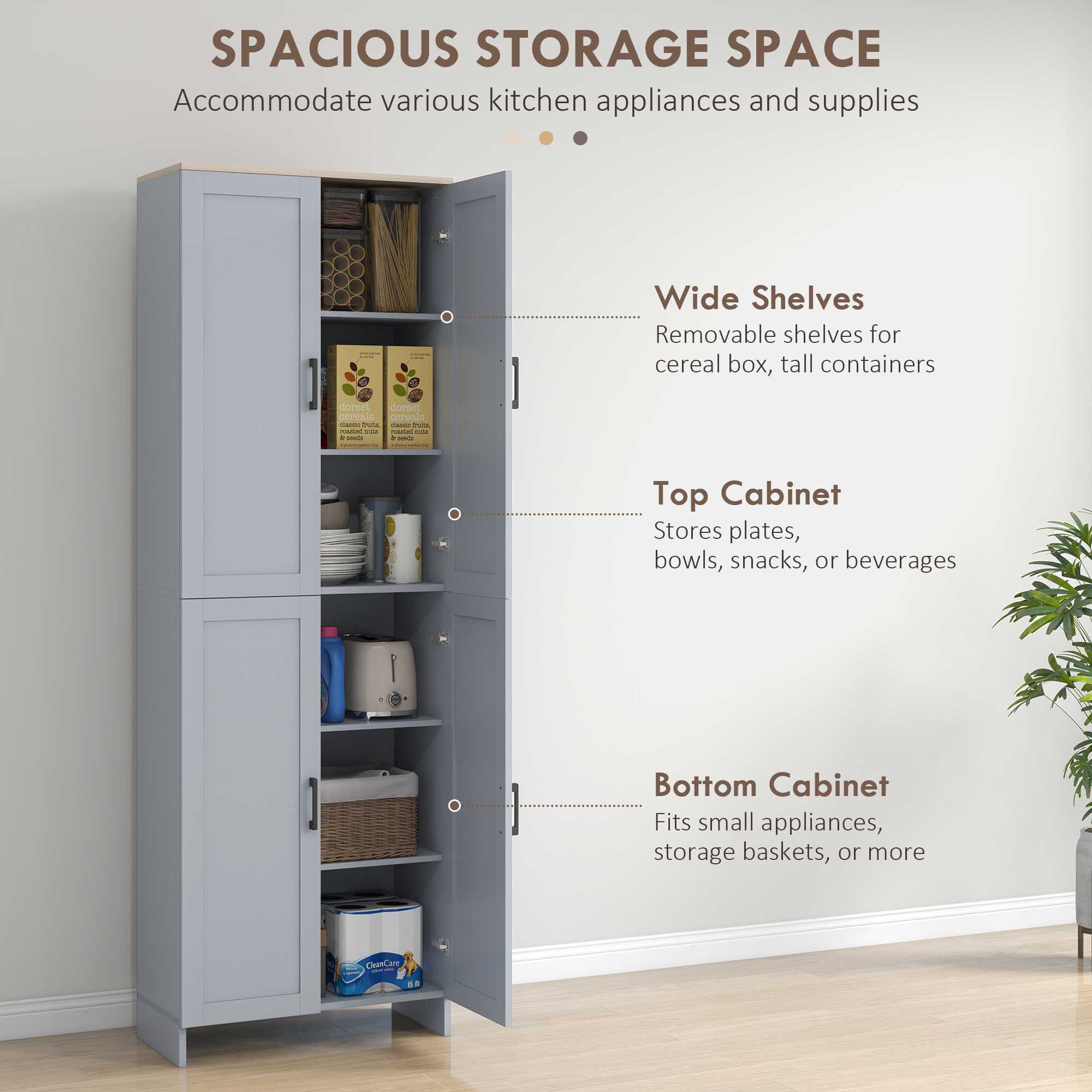 HOMCOM Freestanding Kitchen Cupboard, 4-Door Storage Cabinet with Adjustable Shelves, Modern Kitchen Pantry for Dining Room, 170cm, Grey 4