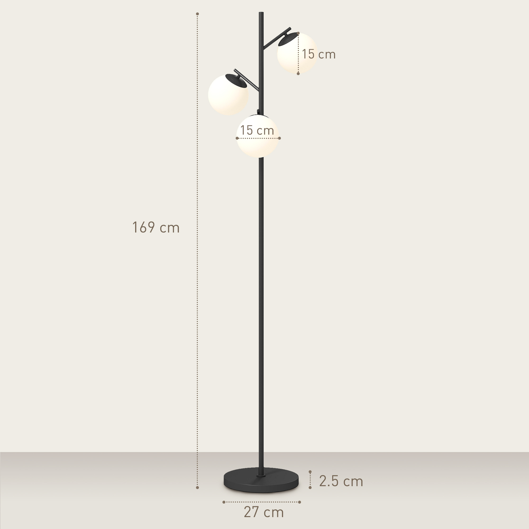 HOMCOM 3-Light Tree Floor Lamps for Living Room, Modern Standing Lamp for Bedroom with Globe Lampshade, Steel Base, Bulb not Included, Black 3