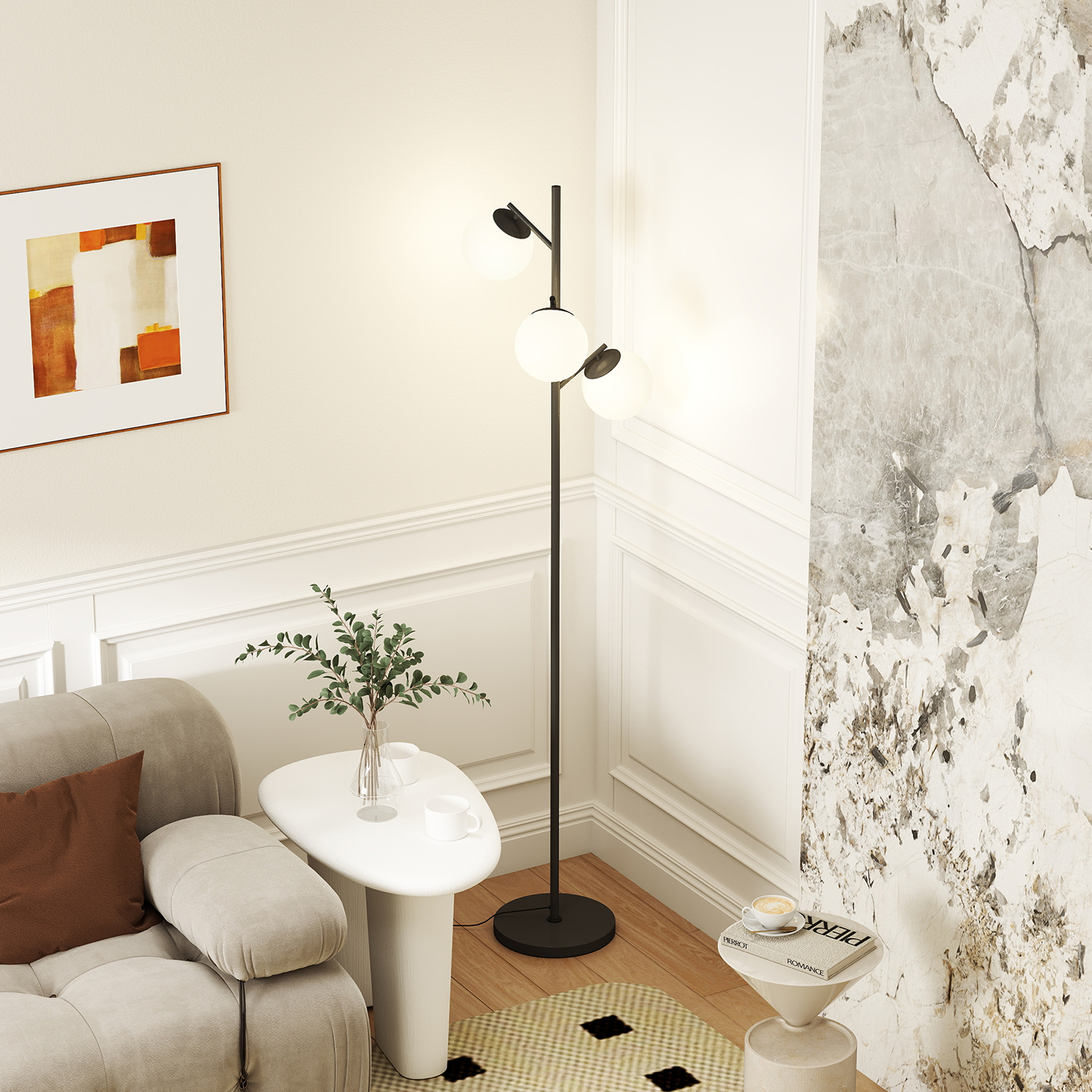 HOMCOM 3-Light Tree Floor Lamps for Living Room, Modern Standing Lamp for Bedroom with Globe Lampshade, Steel Base, Bulb not Included, Black 9