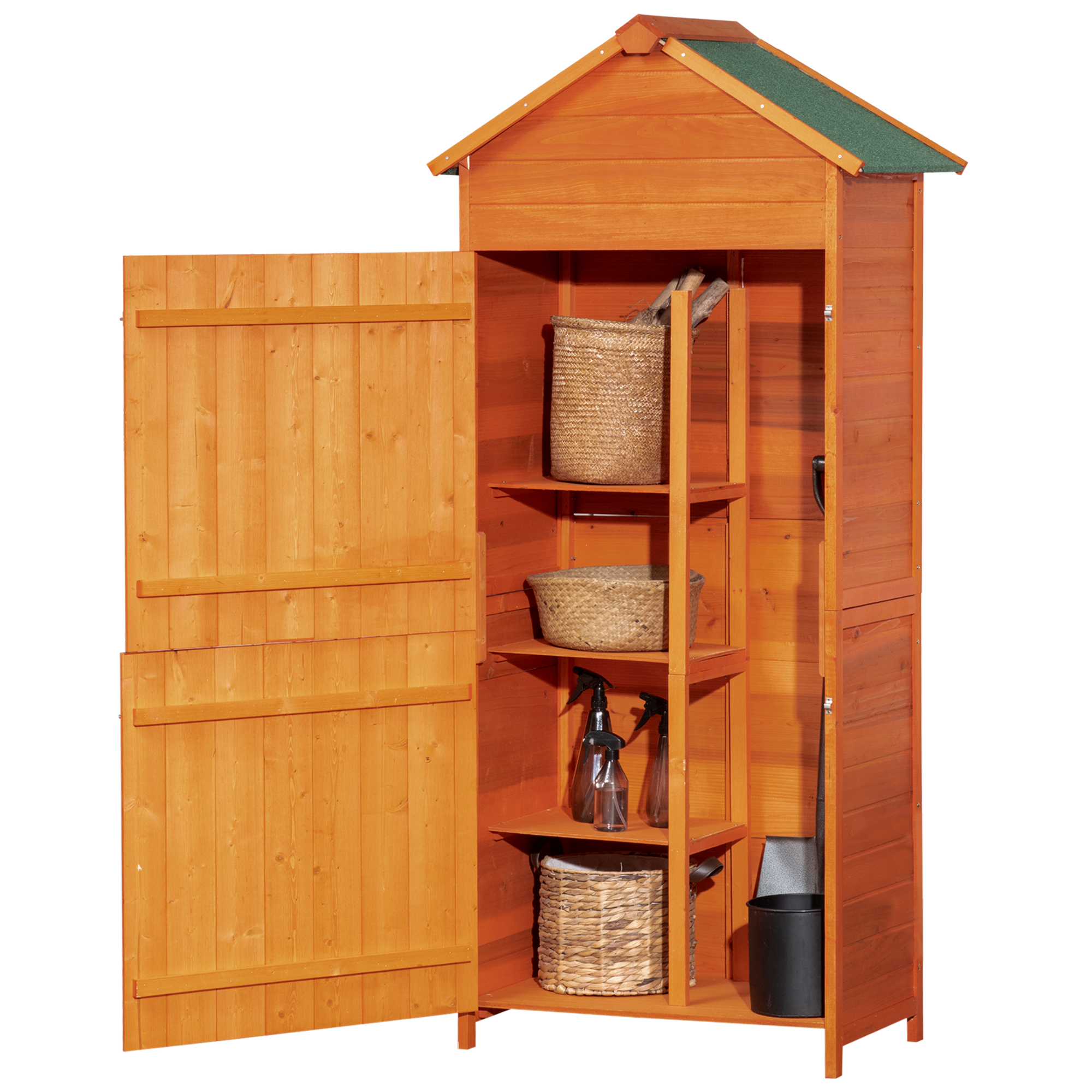 Outsunny Sopron de Gradina din Lemn cu 2 Usi, Dulap de Exterior Depozitare Unelte cu 3 Rafturi, 84x52x188cm