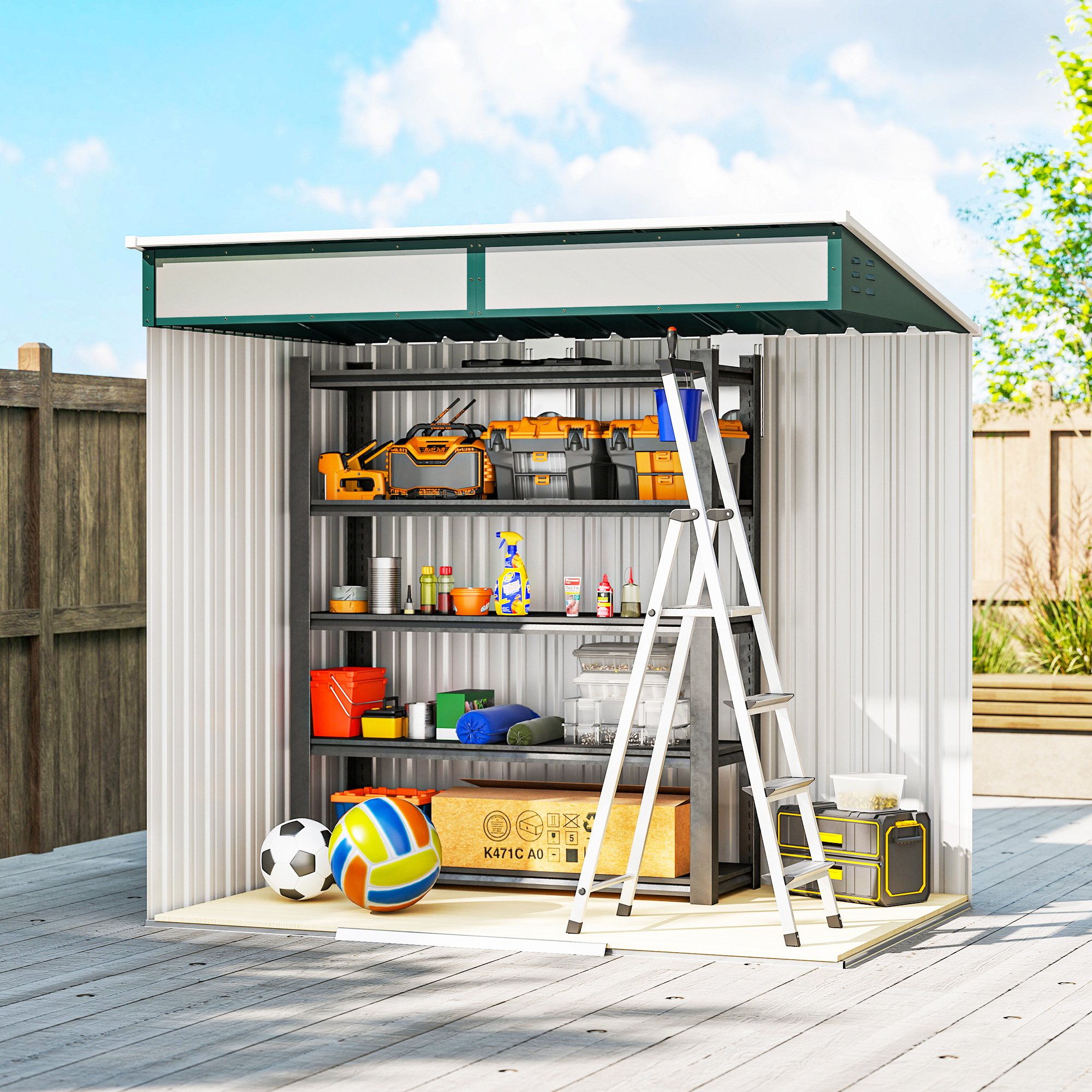 Outsunny 6.5 x 4FT Galvanised Metal Shed with Foundation Kit, Lockable Tool Garden Shed with Double Sliding Doors, Vents, Green 4