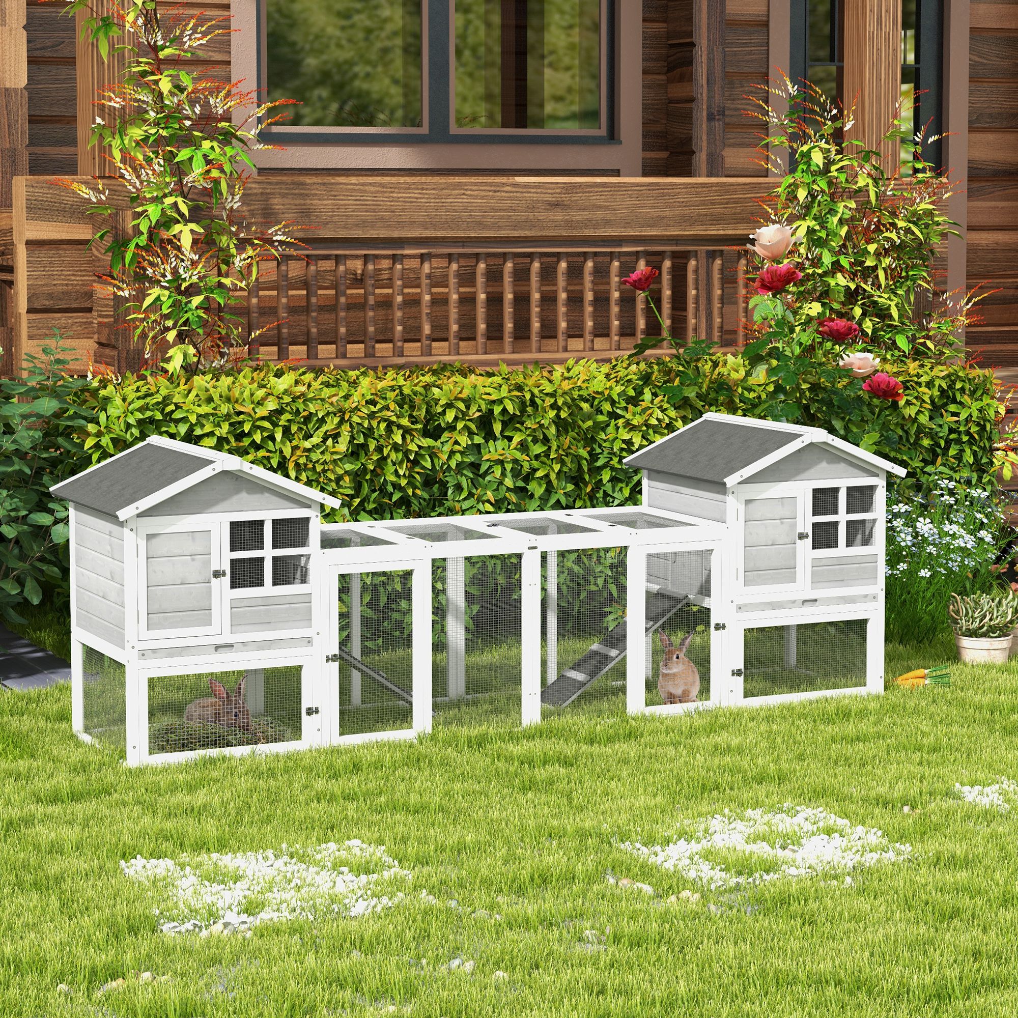PawHut 2 in 1 Rabbit Hutch Outdoor Guinea Pig Hutch Bunny Run Double Main House with Run, No-Leak Tray 259 x 64 x 92cm, Grey 2