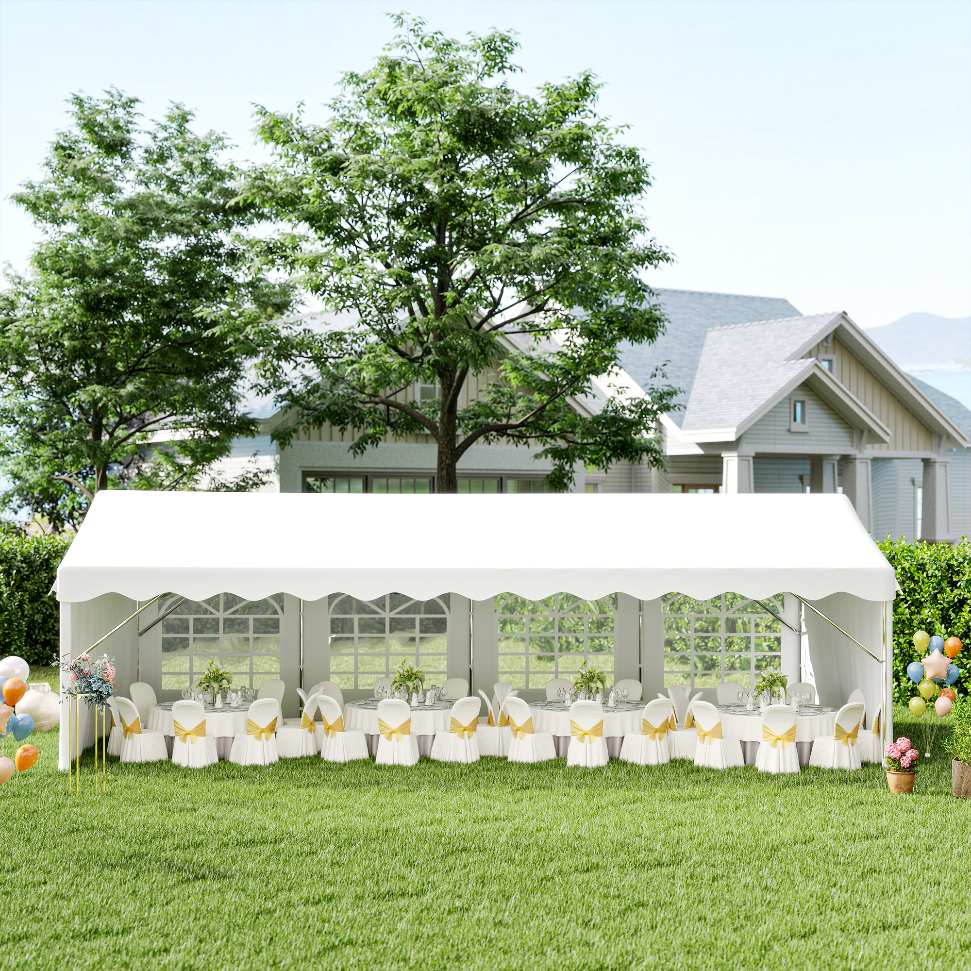Outsunny 8m x 4m Garden Gazebo Marquee Wedding Shelter Level 4 Wind Protection, White 2