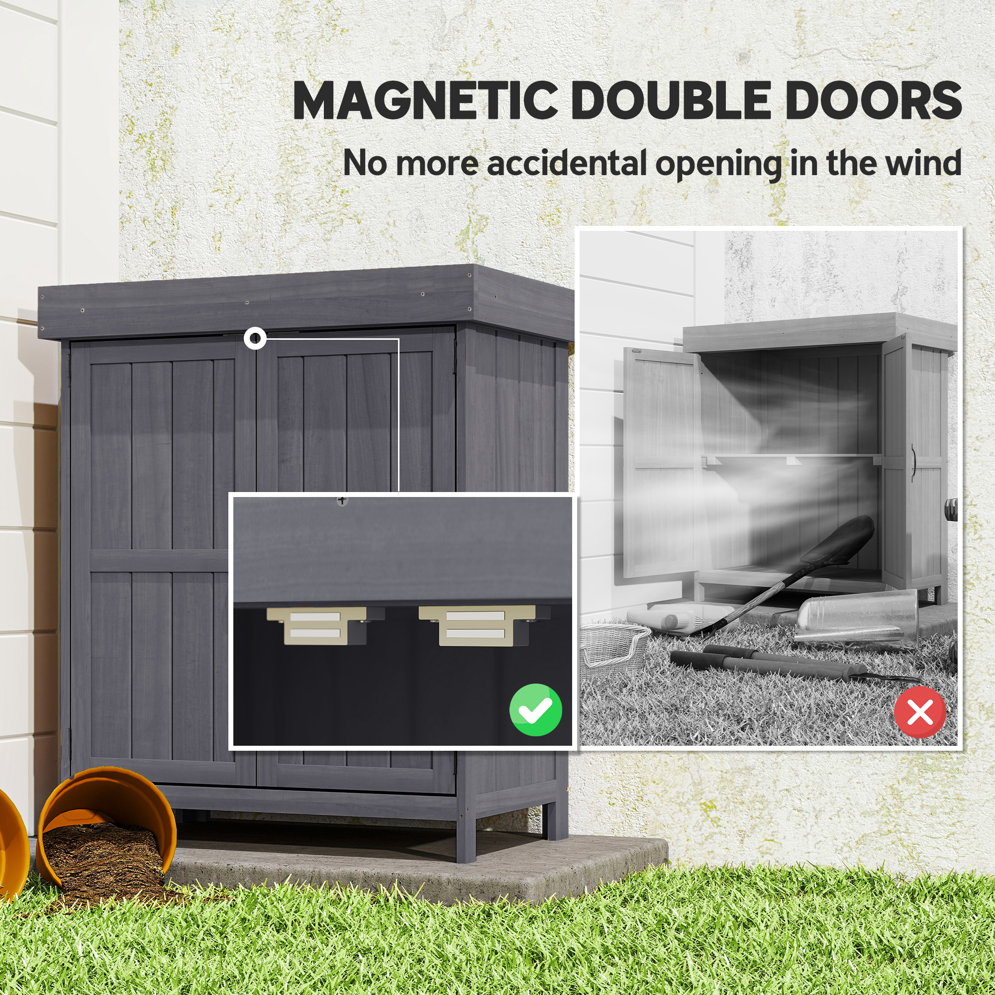 Outsunny Small Shed, Wooden Garden Shed with Openable Hinged Roof and Removable Shelf, Outdoor Tool Storage Cabinet Chest with Double Doors, 74 x 43 x 88 cm, Grey 8