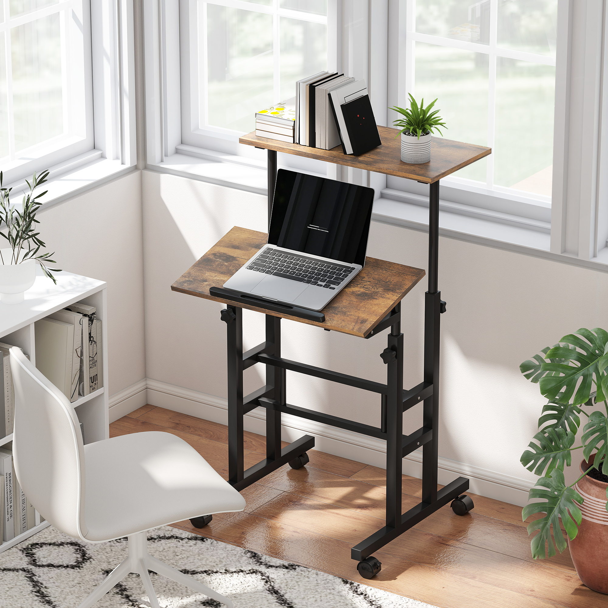 HOMCOM Schreibtisch Höhenverstellbar Küchentisch mit Regal, Rollen, Compute günstig online kaufen