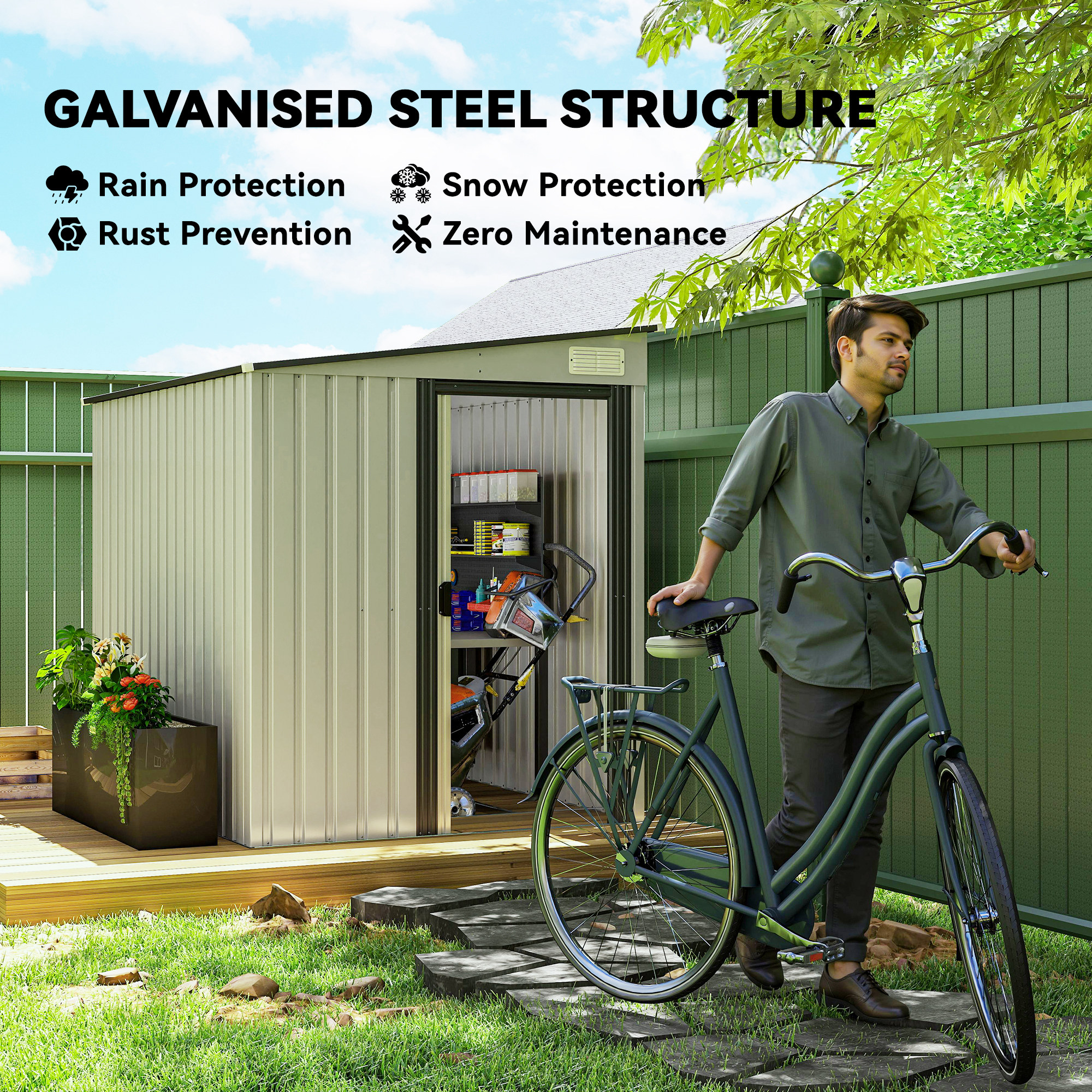 Outsunny 7 x 5ft Galvanised Metal Shed, with Sliding Door White 6