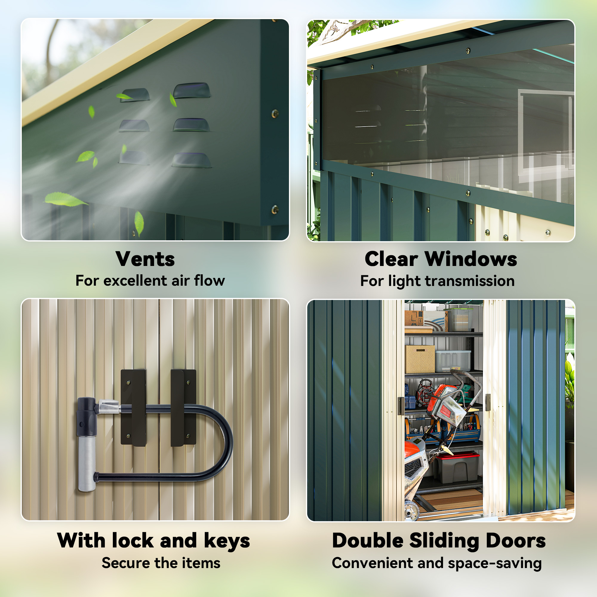 Outsunny 6.5 x 4FT Galvanised Metal Shed with Foundation Kit, Lockable Tool Garden Shed with Double Sliding Doors, Vents, Green 9