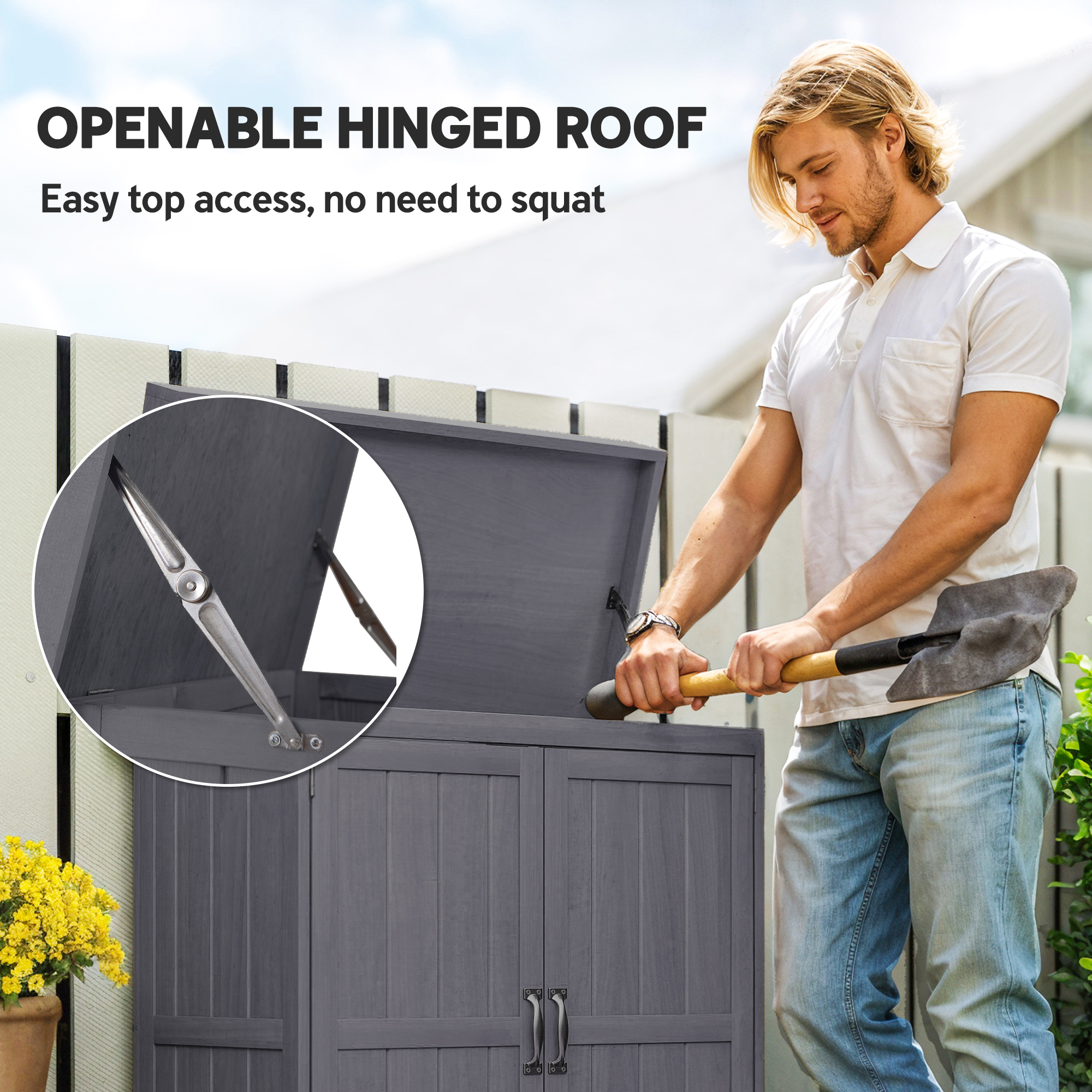 Outsunny Small Shed, Wooden Garden Shed with Openable Hinged Roof and Removable Shelf, Outdoor Tool Storage Cabinet Chest with Double Doors, 74 x 43 x 88 cm, Grey 5