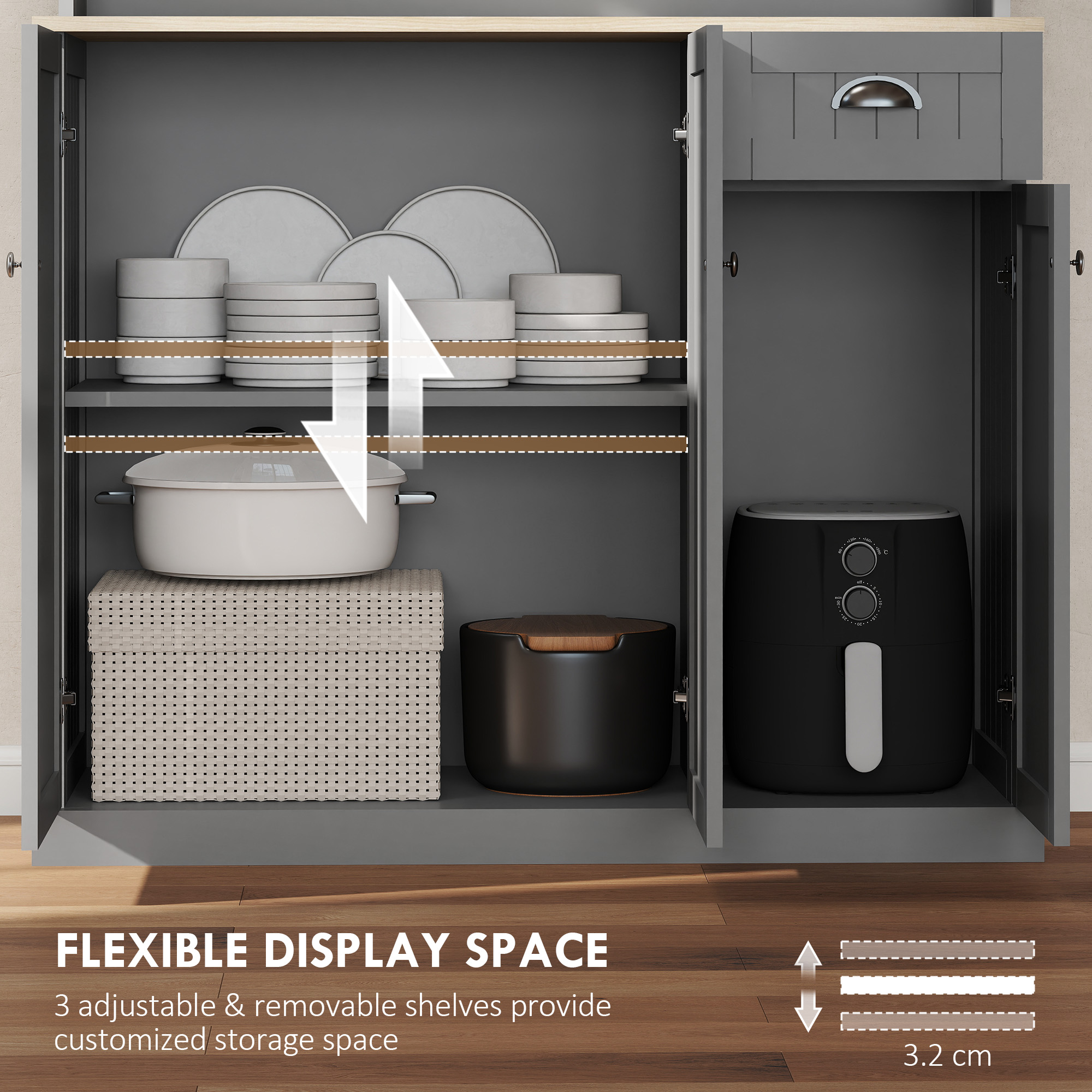 HOMCOM 180cm Freestanding Kitchen Cabinet, Modern Storage Cupboard with Open Countertop, Drawer and 6 Doors, Grey 6