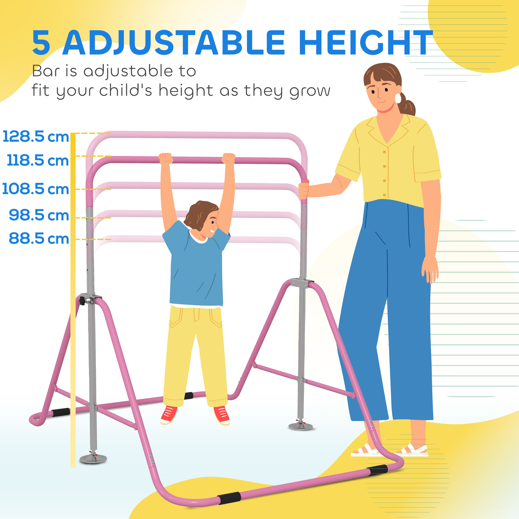 HOMCOM Kids Gymnastic Bar, with Adjustable Height, Foldable Horizontal Bars Pink 4