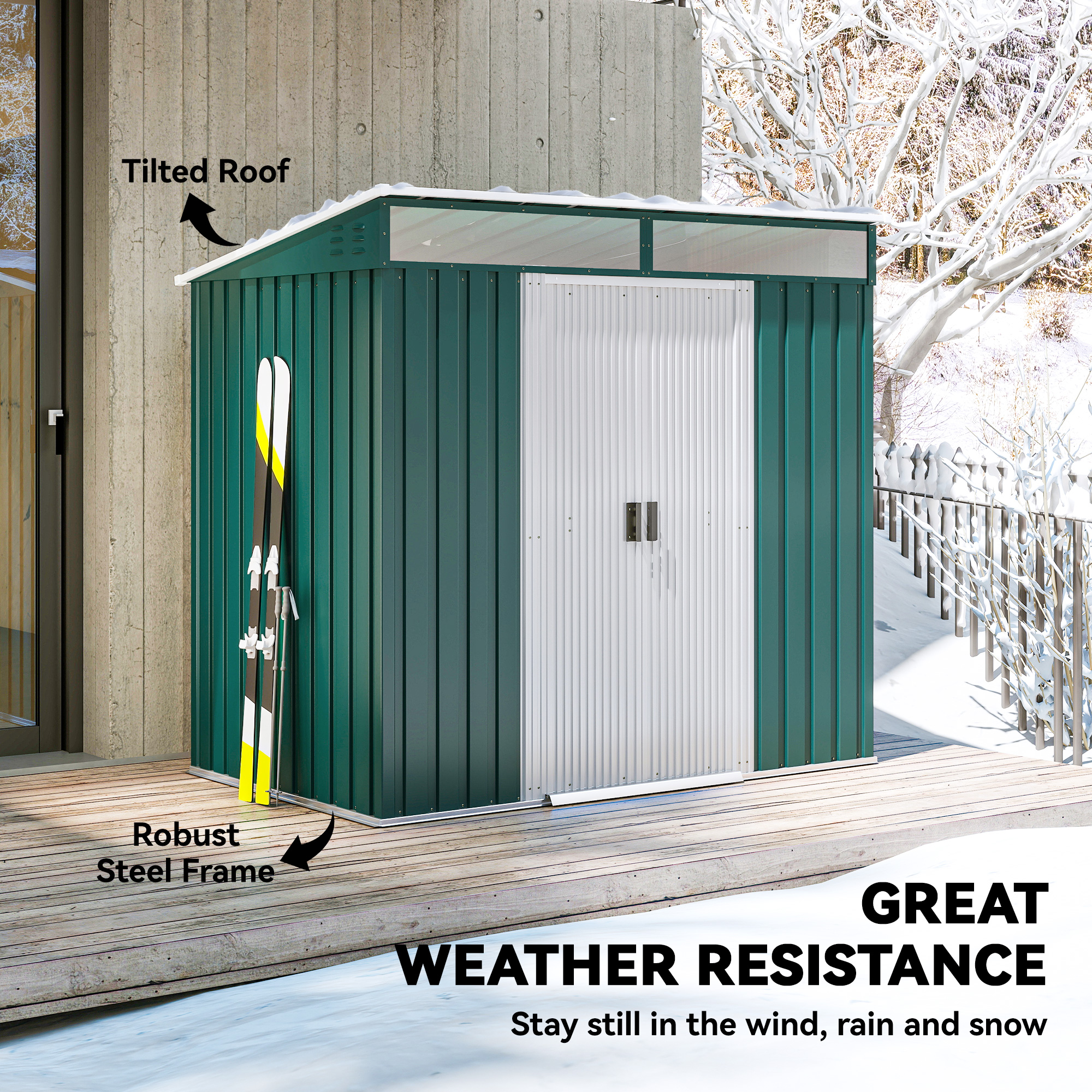 Outsunny 6.5 x 4FT Galvanised Metal Shed with Foundation Kit, Lockable Tool Garden Shed with Double Sliding Doors, Vents, Green 8