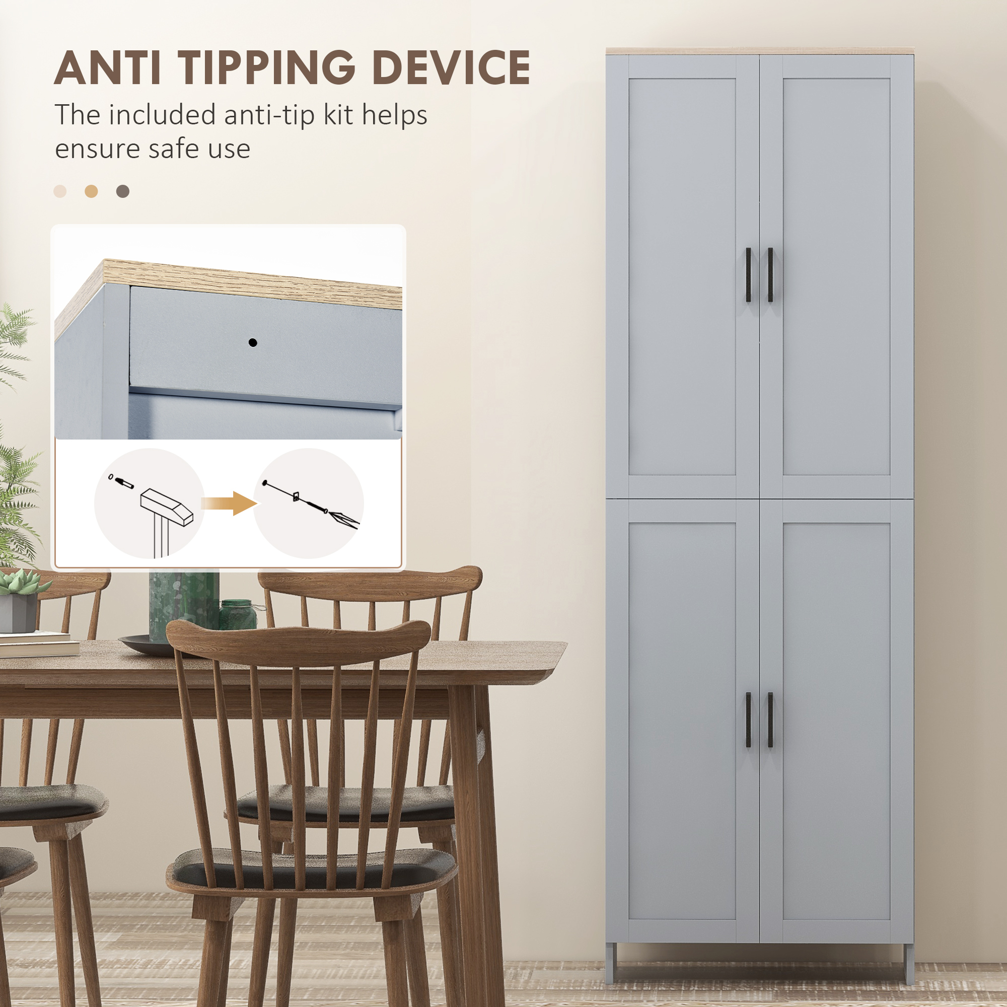 HOMCOM Freestanding Kitchen Cupboard, 4-Door Storage Cabinet with Adjustable Shelves, Modern Kitchen Pantry for Dining Room, 170cm, Grey 6