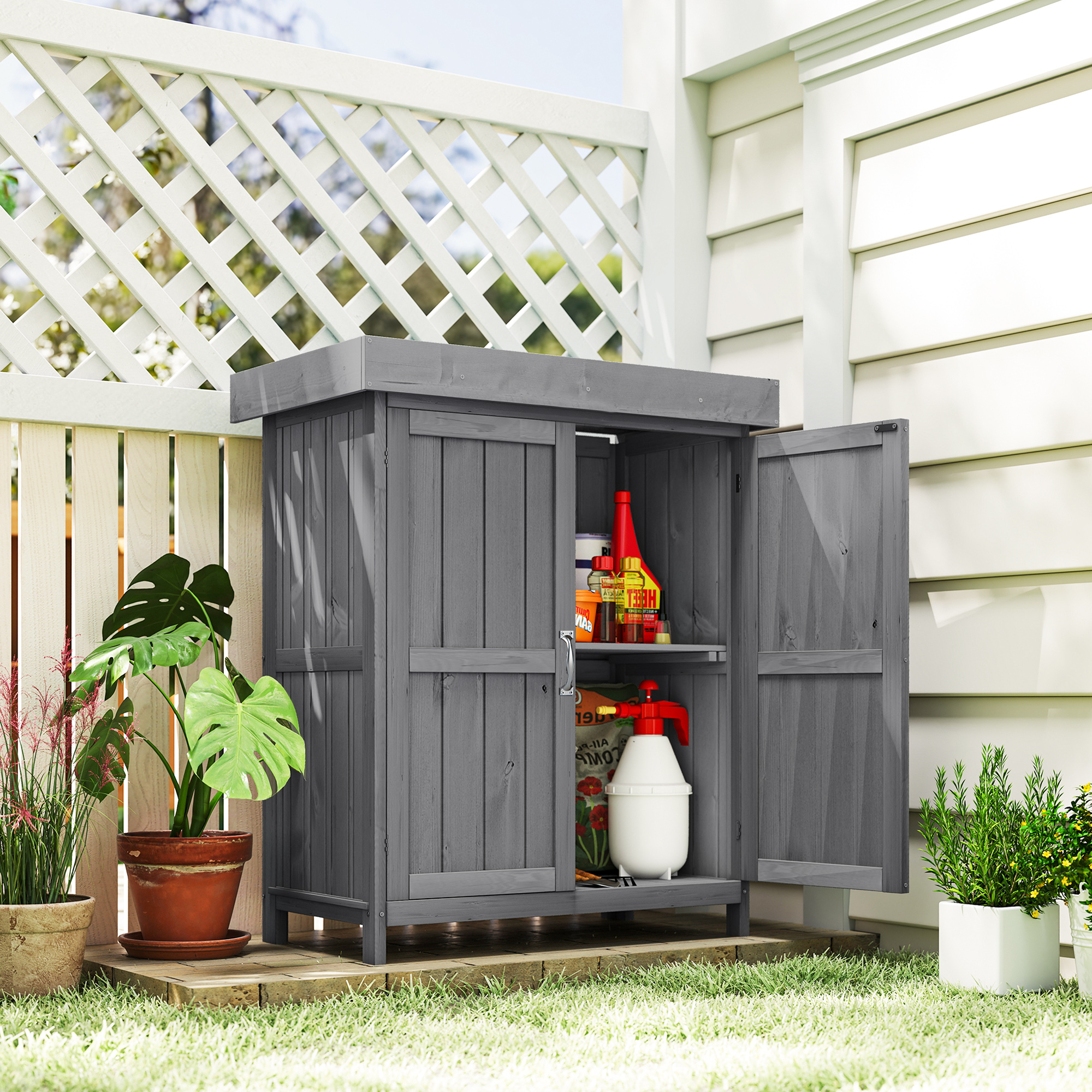 Outsunny Small Shed, Wooden Garden Shed with Openable Hinged Roof and Removable Shelf, Outdoor Tool Storage Cabinet Chest with Double Doors, 74 x 43 x 88 cm, Grey 2