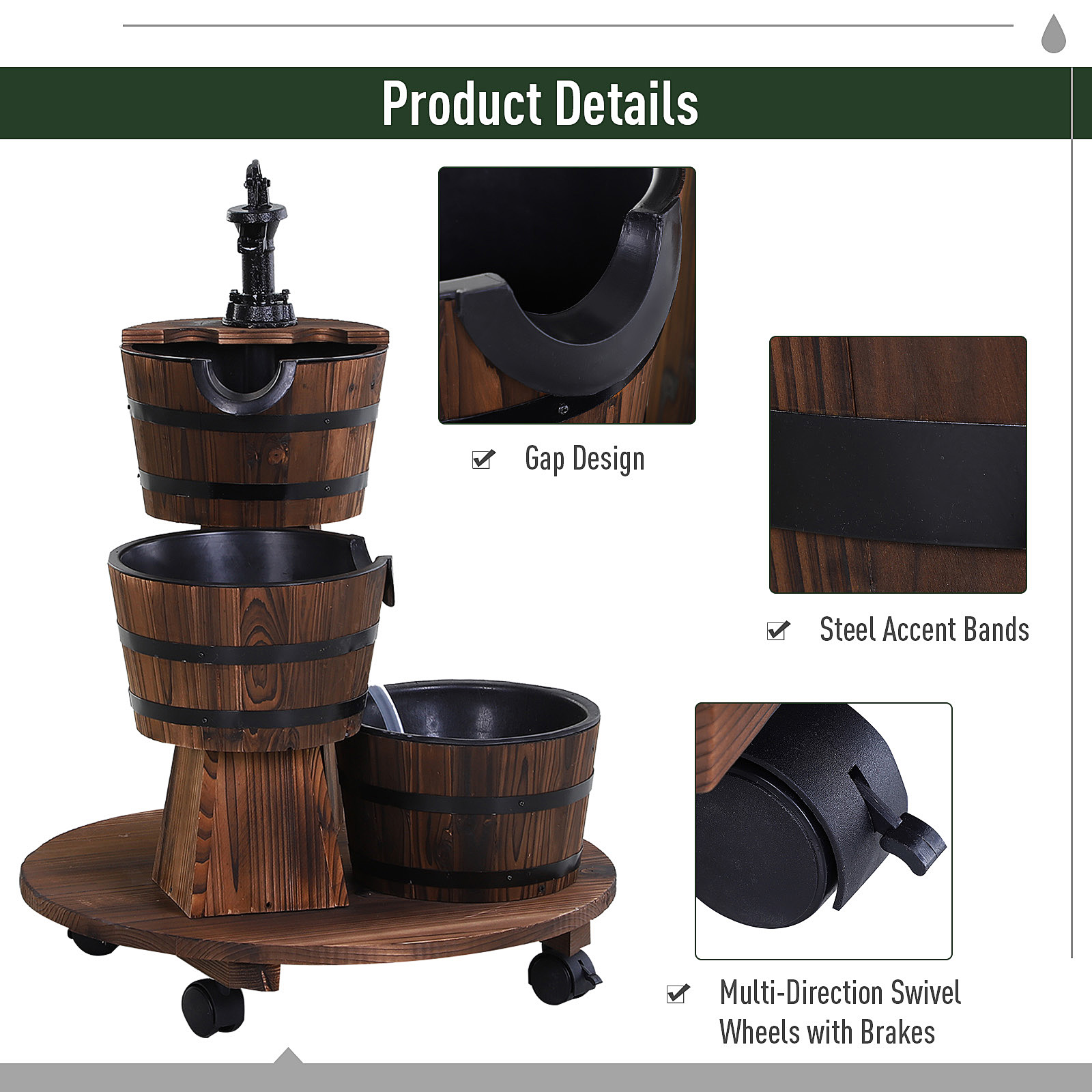 Outsunny Wooden Garden Wishing Well Fountain Barrel Waterfall Rustic Wood with Pump Garden Décor Ornament 6