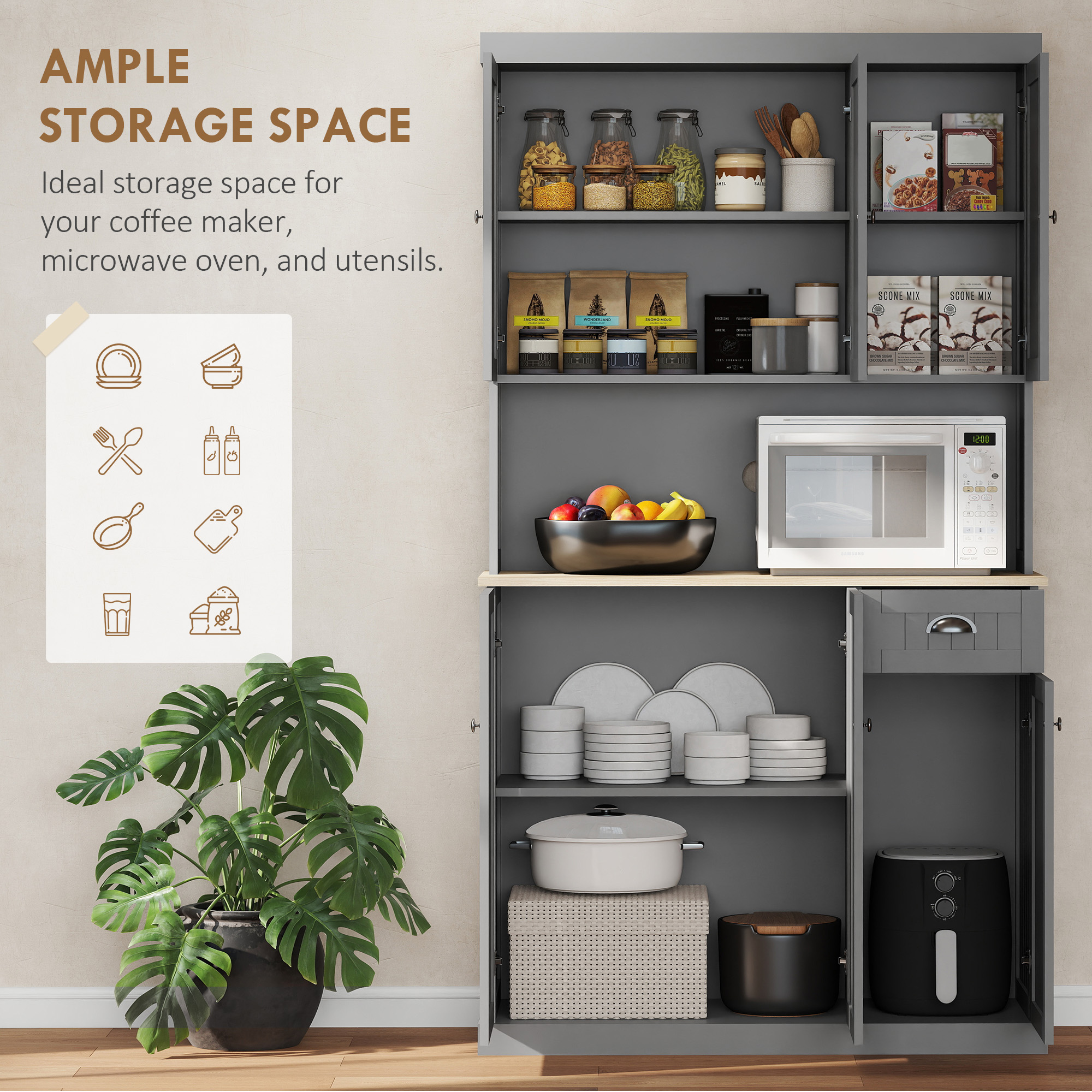HOMCOM 180cm Freestanding Kitchen Cabinet, Modern Storage Cupboard with Open Countertop, Drawer and 6 Doors, Grey 4