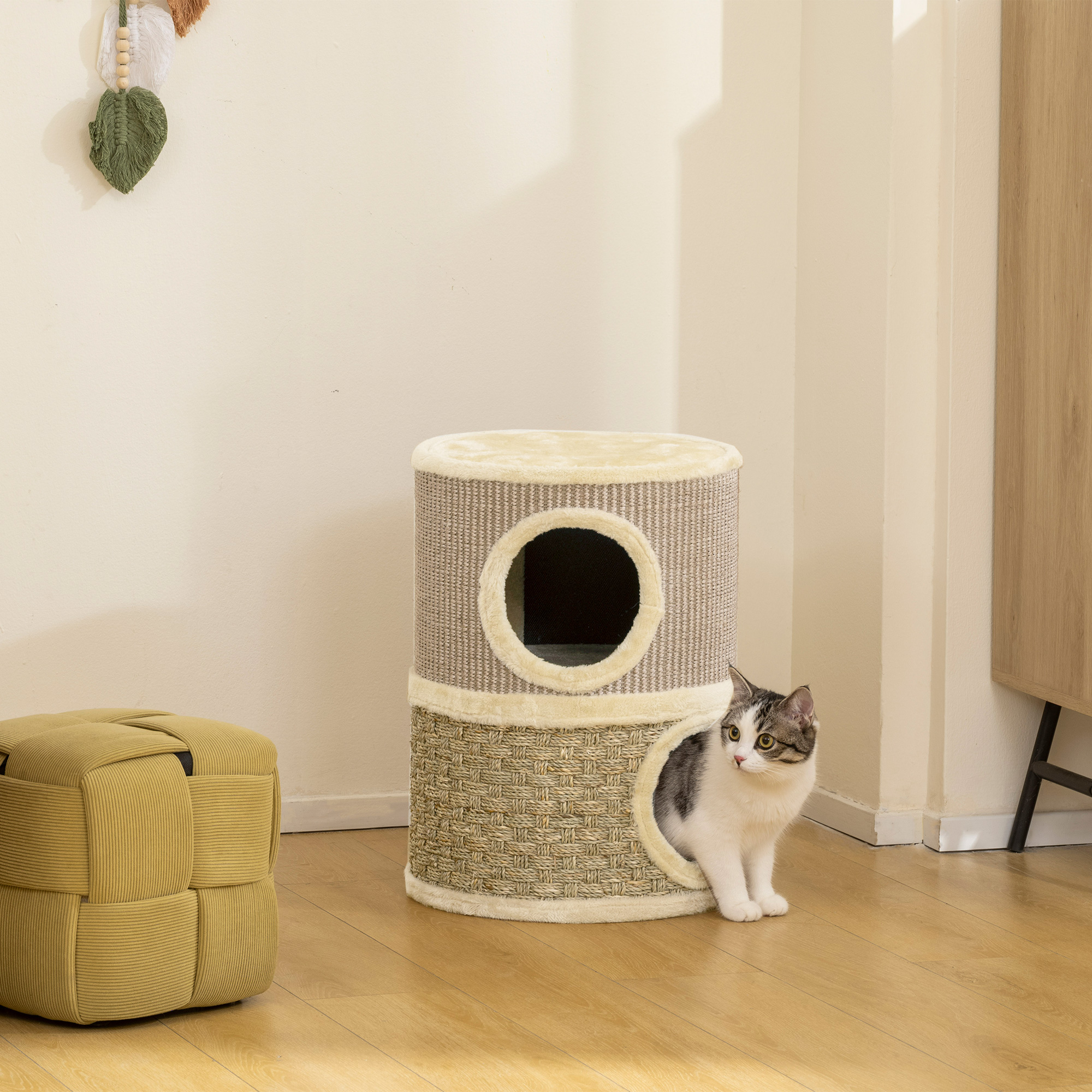 PawHut Kratztonne, 49 cm hoch, Ø35,5 cm zweistöckige Katzentonne mit Plüsch günstig online kaufen