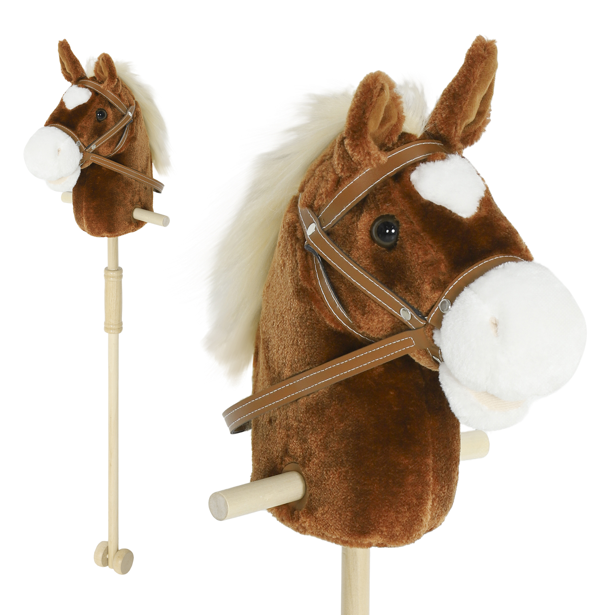 AIYAPLAY Caballo con Palo y Sonidos Realistas para Niños 24+ meses, en Poliéster y Madera, 95x25x27 cm, Marrón