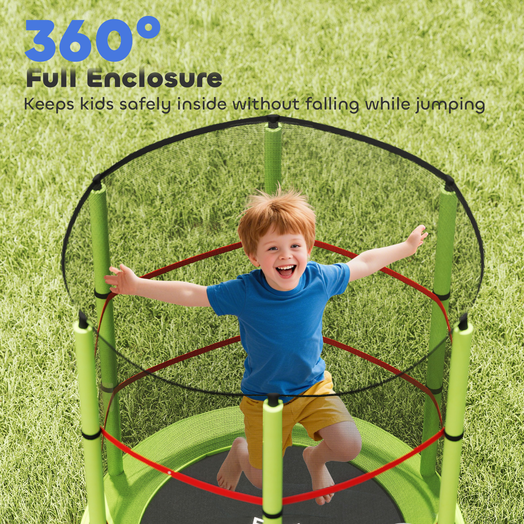 HOMCOM Kids Trampoline, with Enclosure Net, Steel Frame, for Ages 3-6 Years Green 7