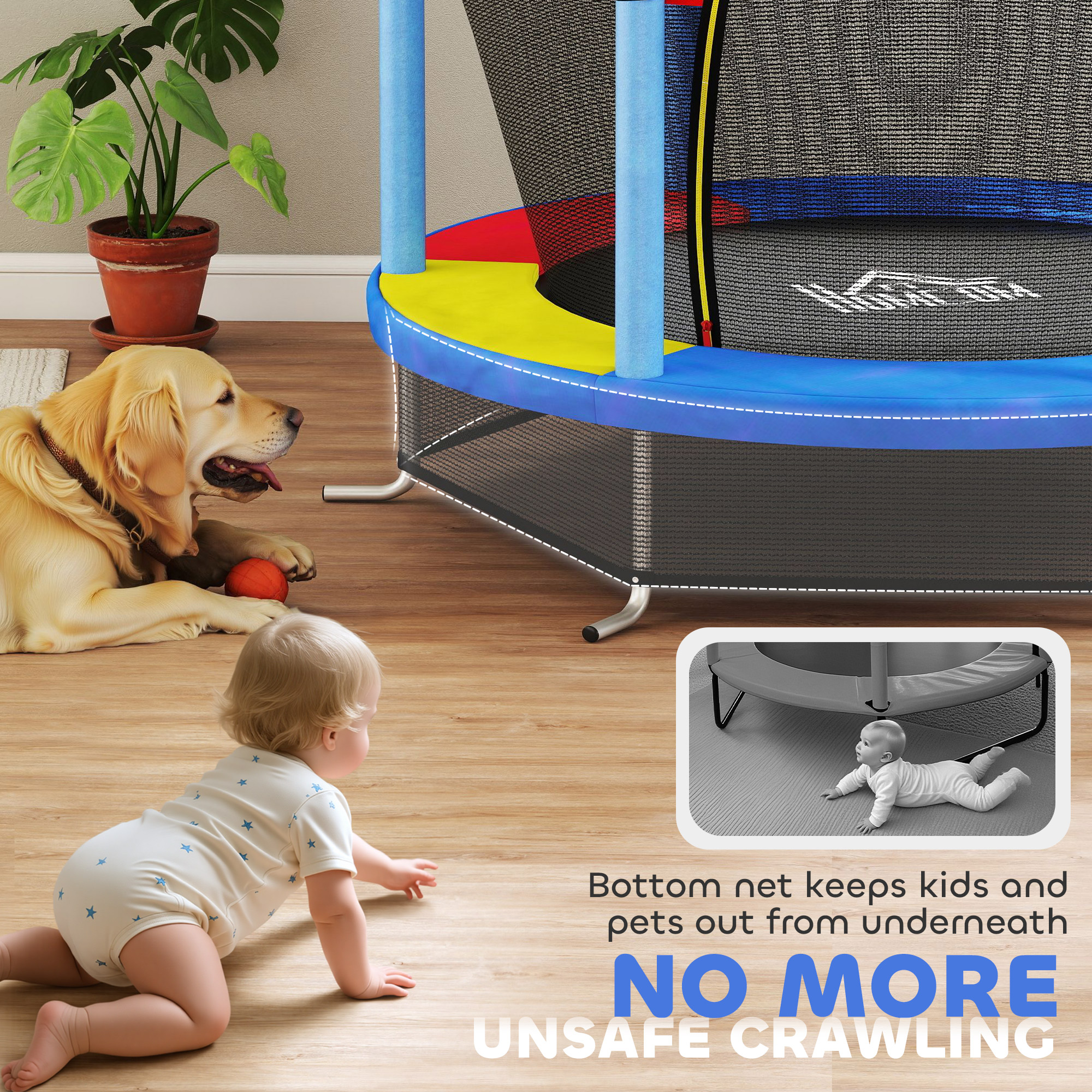 HOMCOM Kids Trampoline, with Enclosure Net, Steel Frame, for Ages 3-6 Years MultiColoured 8