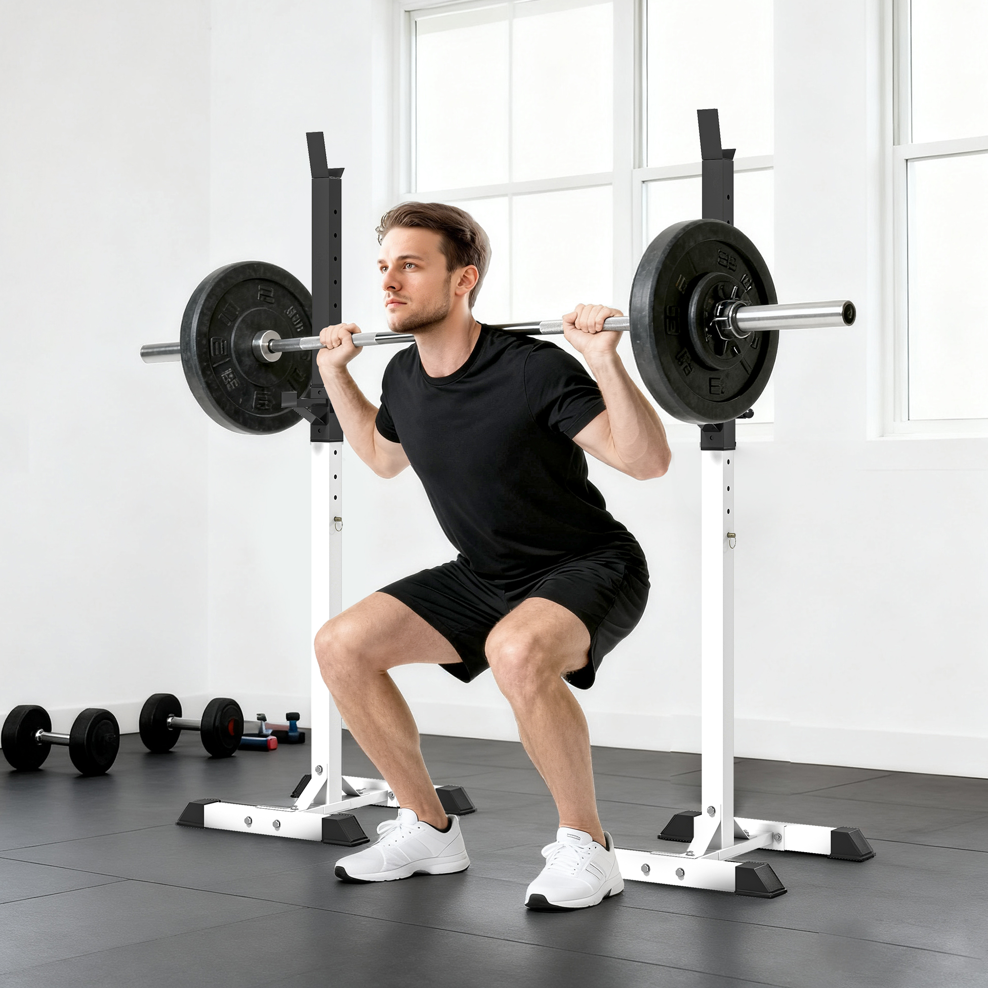HOMCOM Heavy Duty Weight Bar Barbell Squat Stand Barbell Rack Spotter, for Home, Gym Black 9